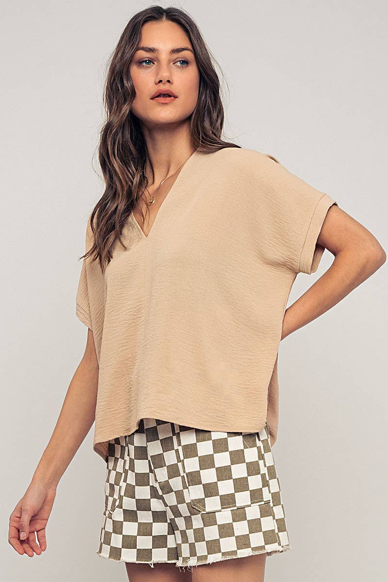 Urban Daizy Relaxed V-Neck Top with Folded Sleeves Ivory Blouse - Women's (UDZ-TP-00570) – alternate view 23