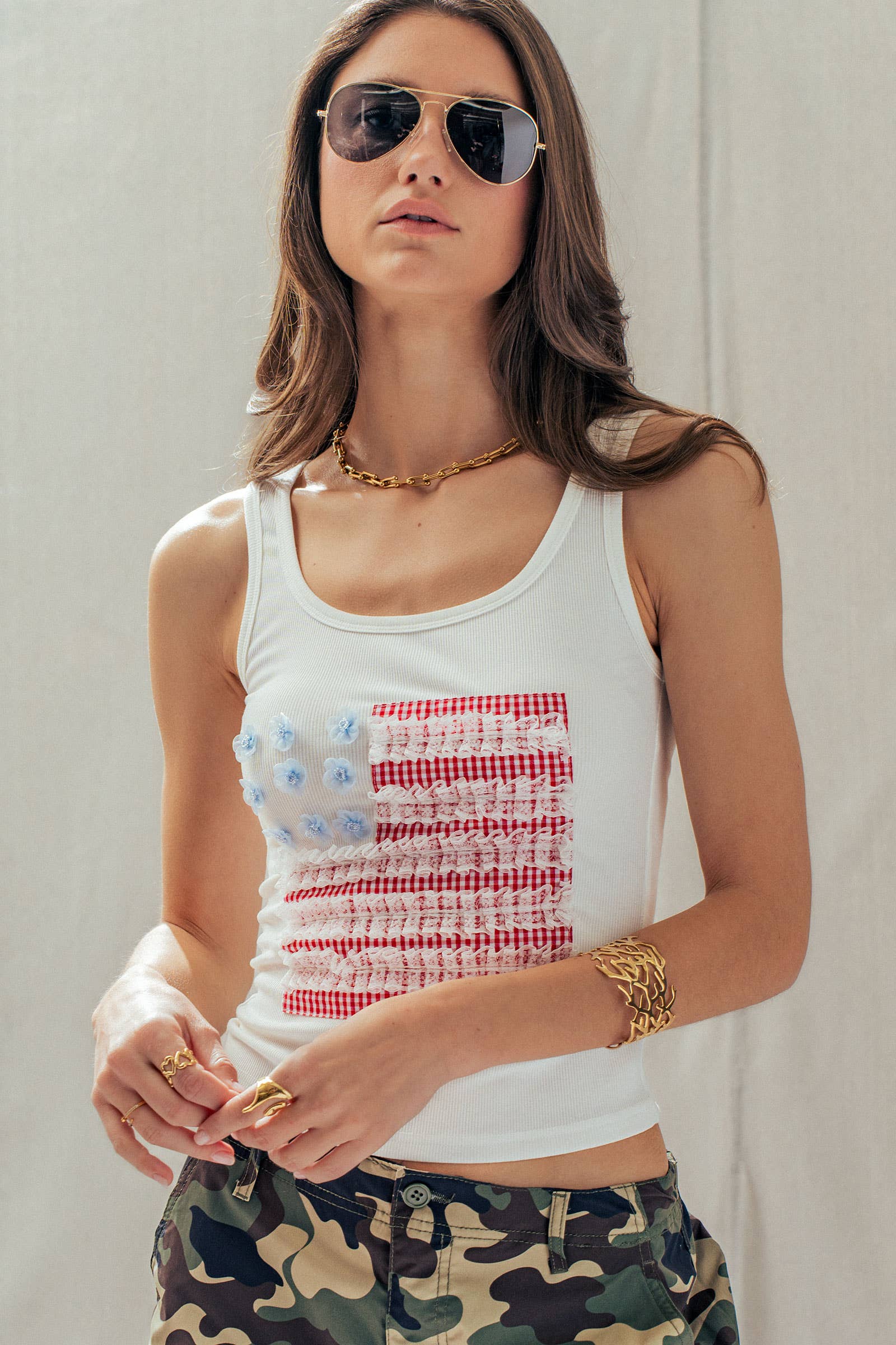 Urban Daizy Gingham & Lace American Flag Patch Ribbed Tank White Tank Top - Women's (UDTP1415) – alternate view 9