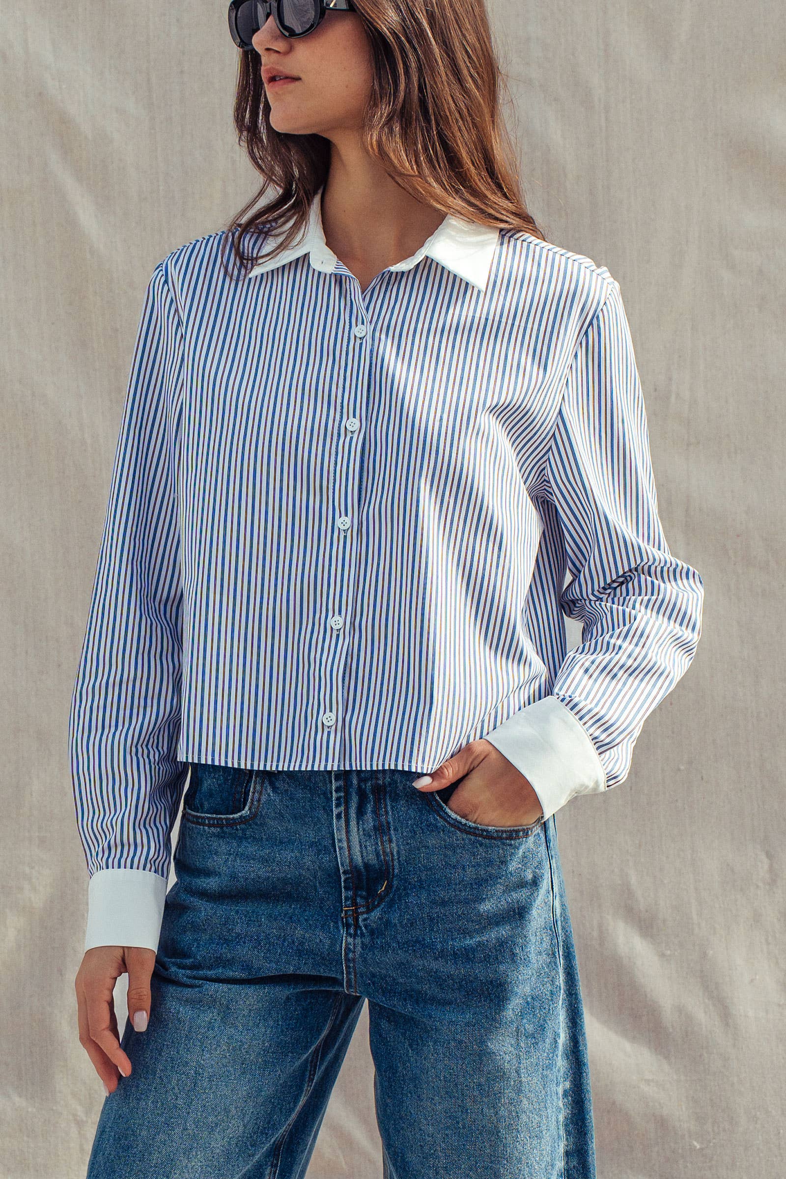 Stripe Contrast Collar Button Down Shirt
