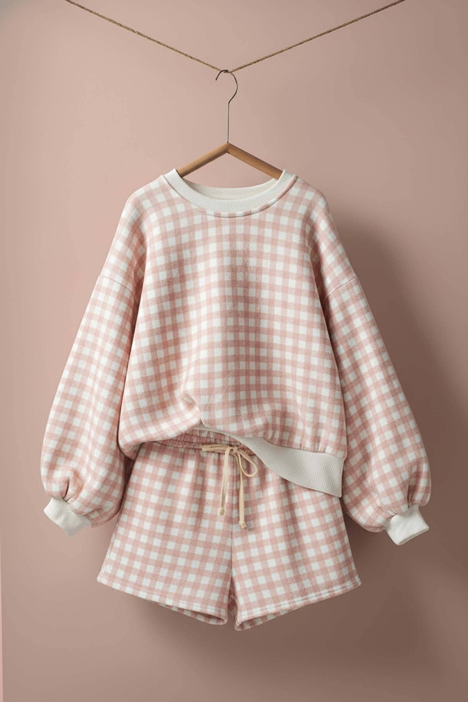 Urban Daizy Gingham Fuzzy Knit Lounge Set Pink Lounge Set - Women's (UDZ-OT-00168)