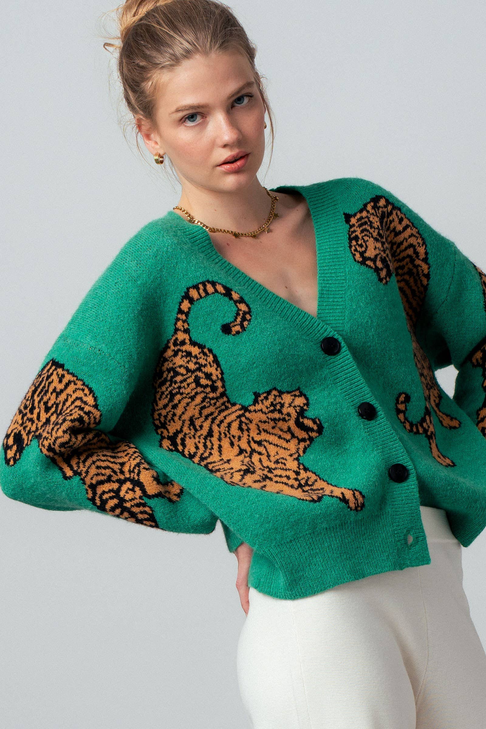 Tiger Jacquard Knit Sweater Cardigan
