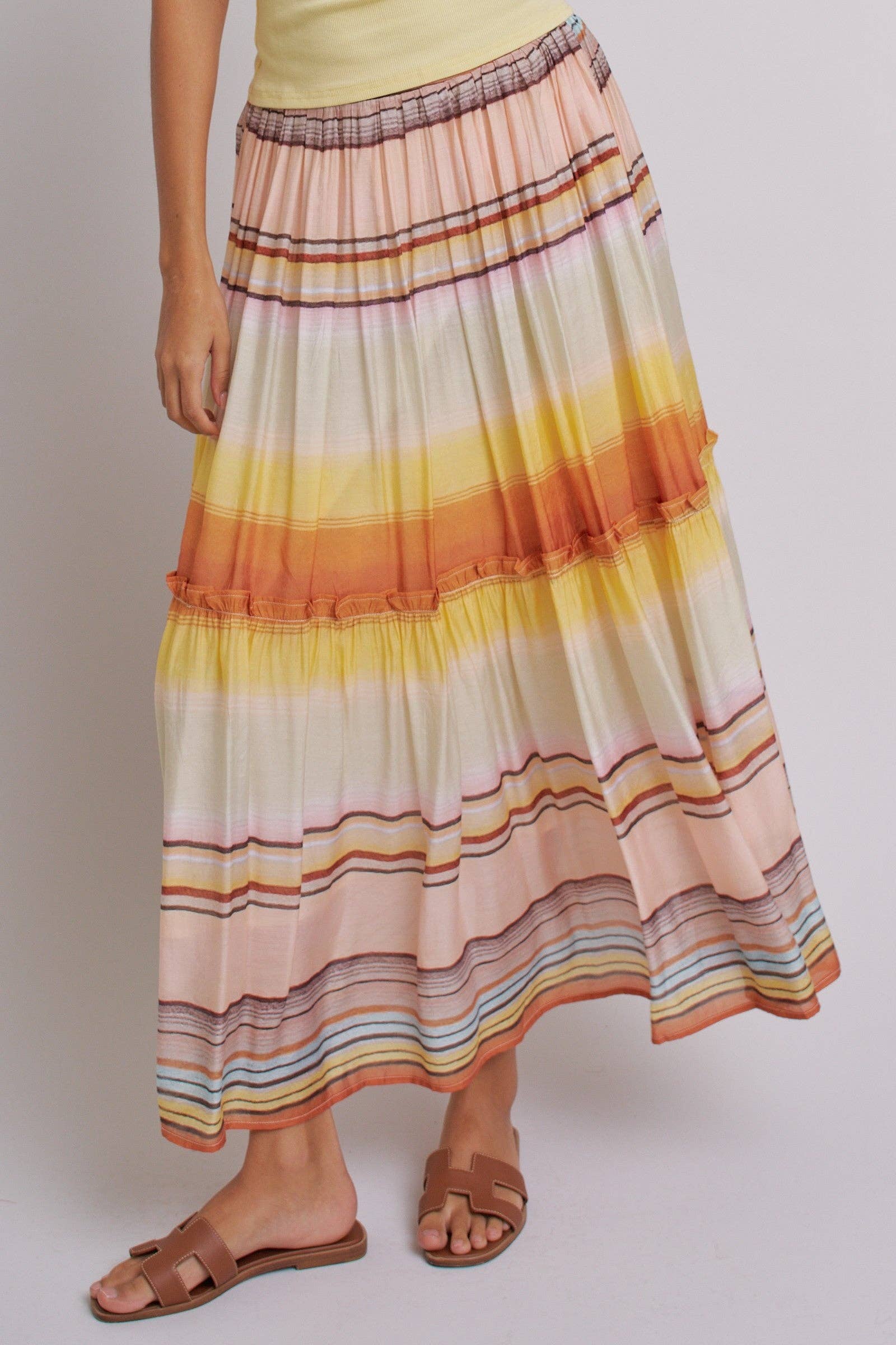 Sunset Stripe Tiered Maxi Skirt Boho Viscose Ruffled