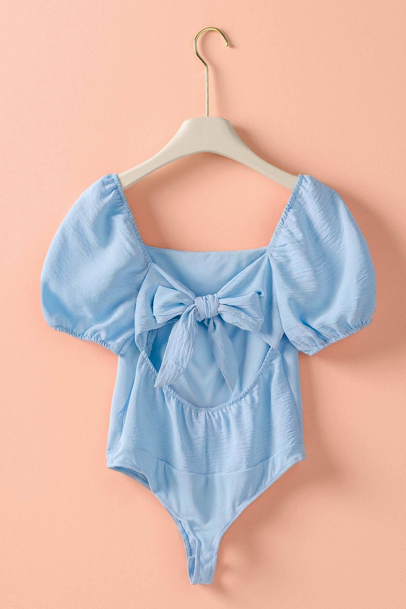 Urban Daizy Open Back Bow Tie Puff Sleeve Textured Bodysuit Black Bodysuit - Women's (TNTP3996) – alternate view 12