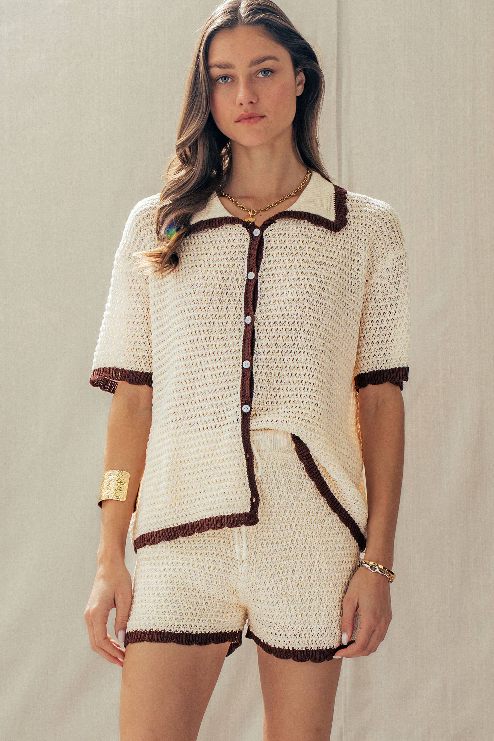 Urban Daizy Contrast Trim Crochet Knit Two-Piece Set Ivory-Brown Lounge Set - Women's (UDZ-AC-00233) – alternate view 2