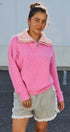 Wool Blend Half Zip Sweater with Double Collar in PINK - Women's Sweaters | Urban Daizy