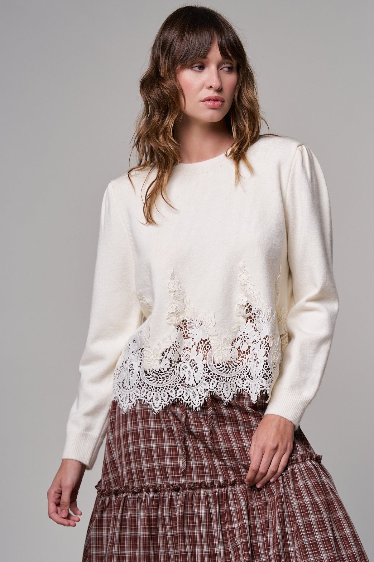 Lace Trim Knit Sweater with Floral Hem Detail in IVORY - Women's Sweaters | Urban Daizy