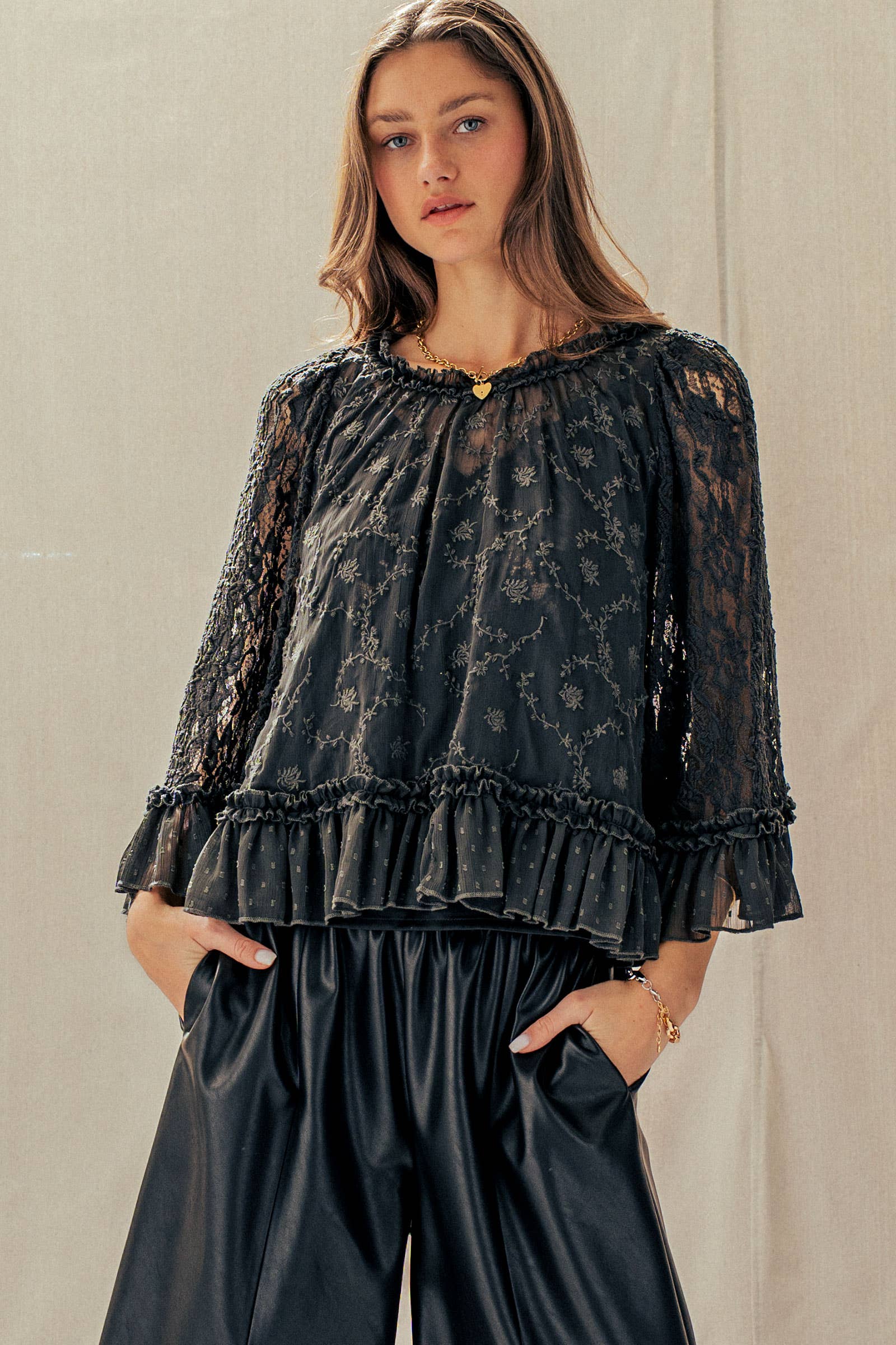 Swiss Dot Lace Top Ruffle Flutter Sleeve