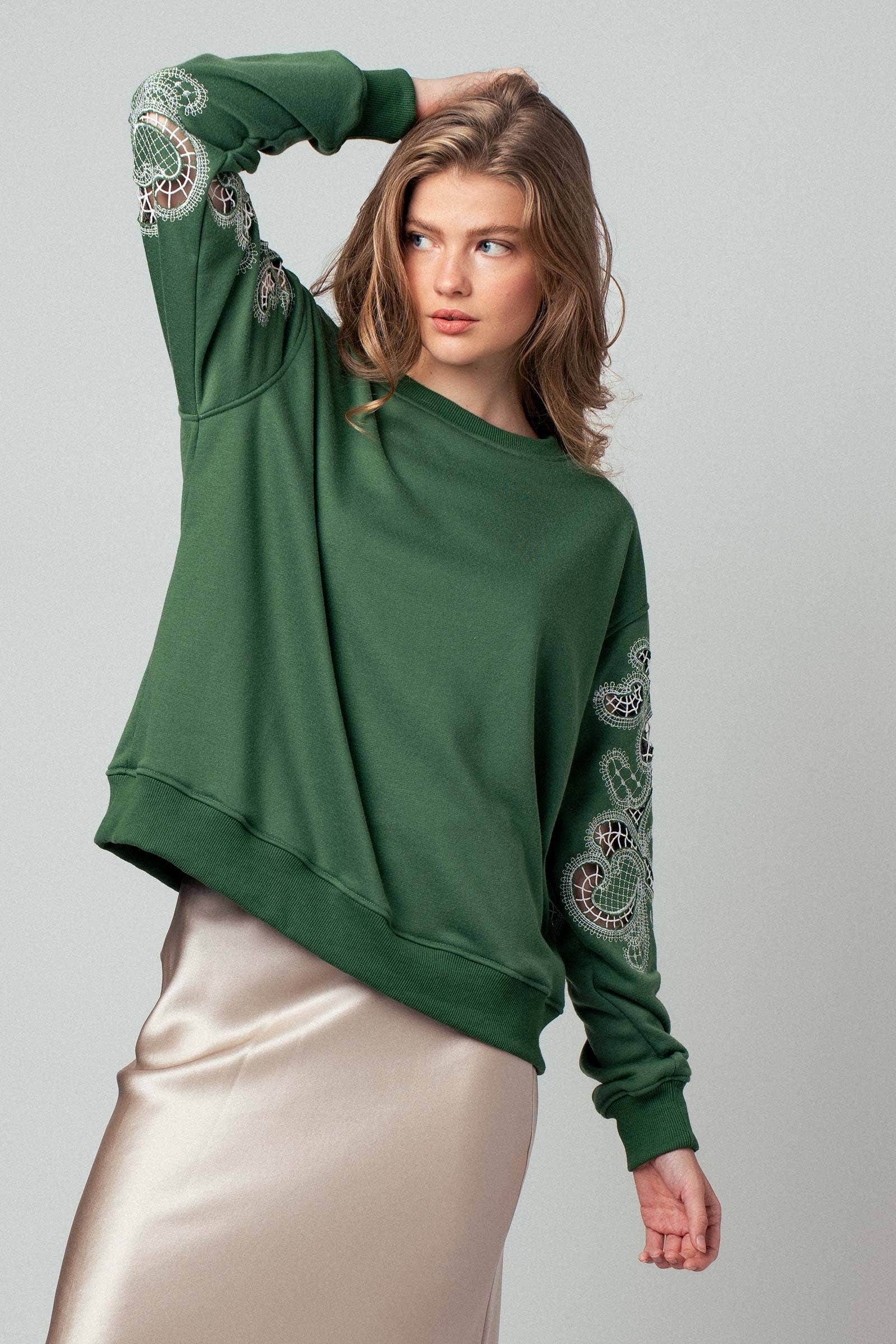 Romantic Lace Embroidered Sleeve Sweatshirt