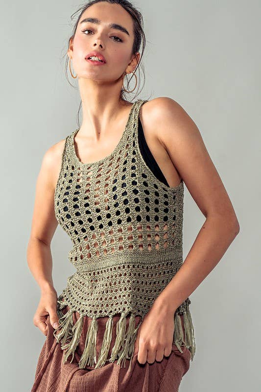 Urban Daizy Crochet Knit Boho Tassel Hem Summer Cover Top Khaki Knit Top - Women's (UDZ-TP-00504) – alternate view 10