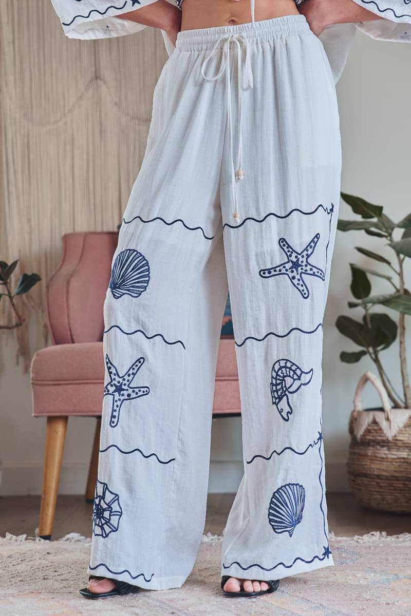 Seashell Embroidered Linen Blend Wide Leg Pants