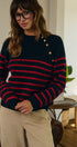 Striped Mock Neck Sweater with Gold Button Shoulder in RED/NAVY - Women's Sweaters | Urban Daizy