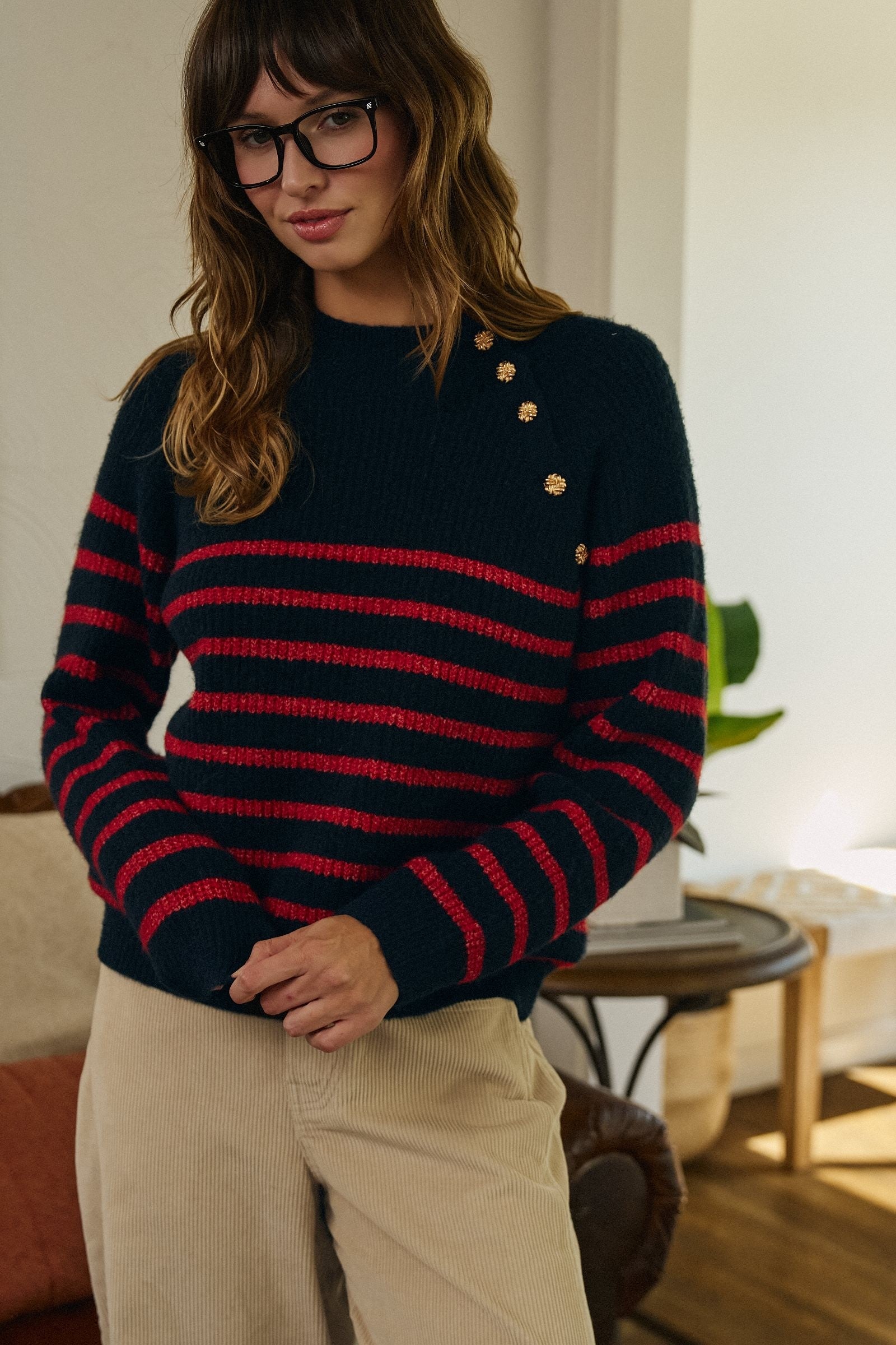 Striped Mock Neck Sweater with Gold Button Shoulder in RED/NAVY - Women's Sweaters | Urban Daizy