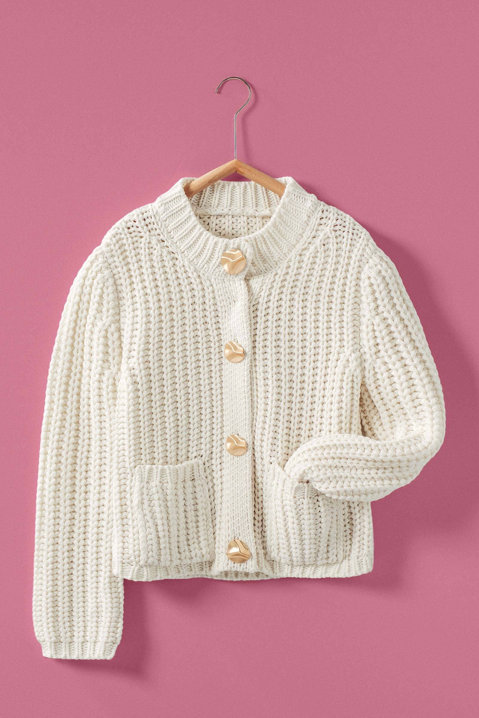 Chunky Gold Button Ribbed Knit Cardigan