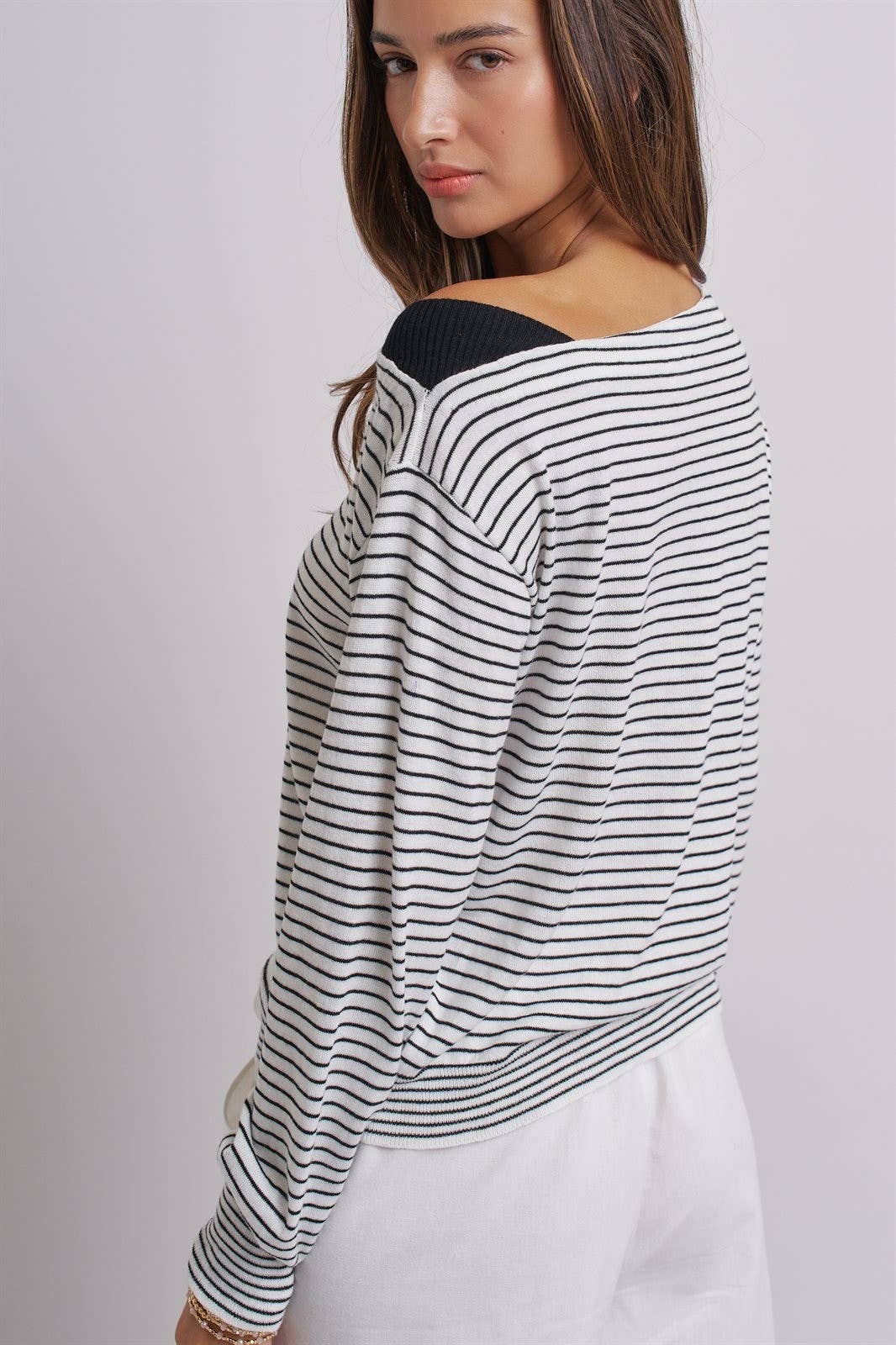 Urban Daizy Asymmetrical Striped One-Shoulder Top Ivory-Black Knit Top - Women's (UDZ-TP-01085-Ivory-Black) – alternate view 15