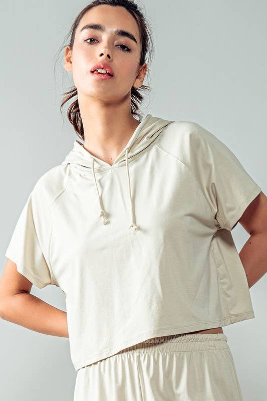 Urban Daizy Cropped Short Sleeve Drawstring Hooded Pullover Top Black Hoodie - Women's (UDZ-KN-00341) – alternate view 5