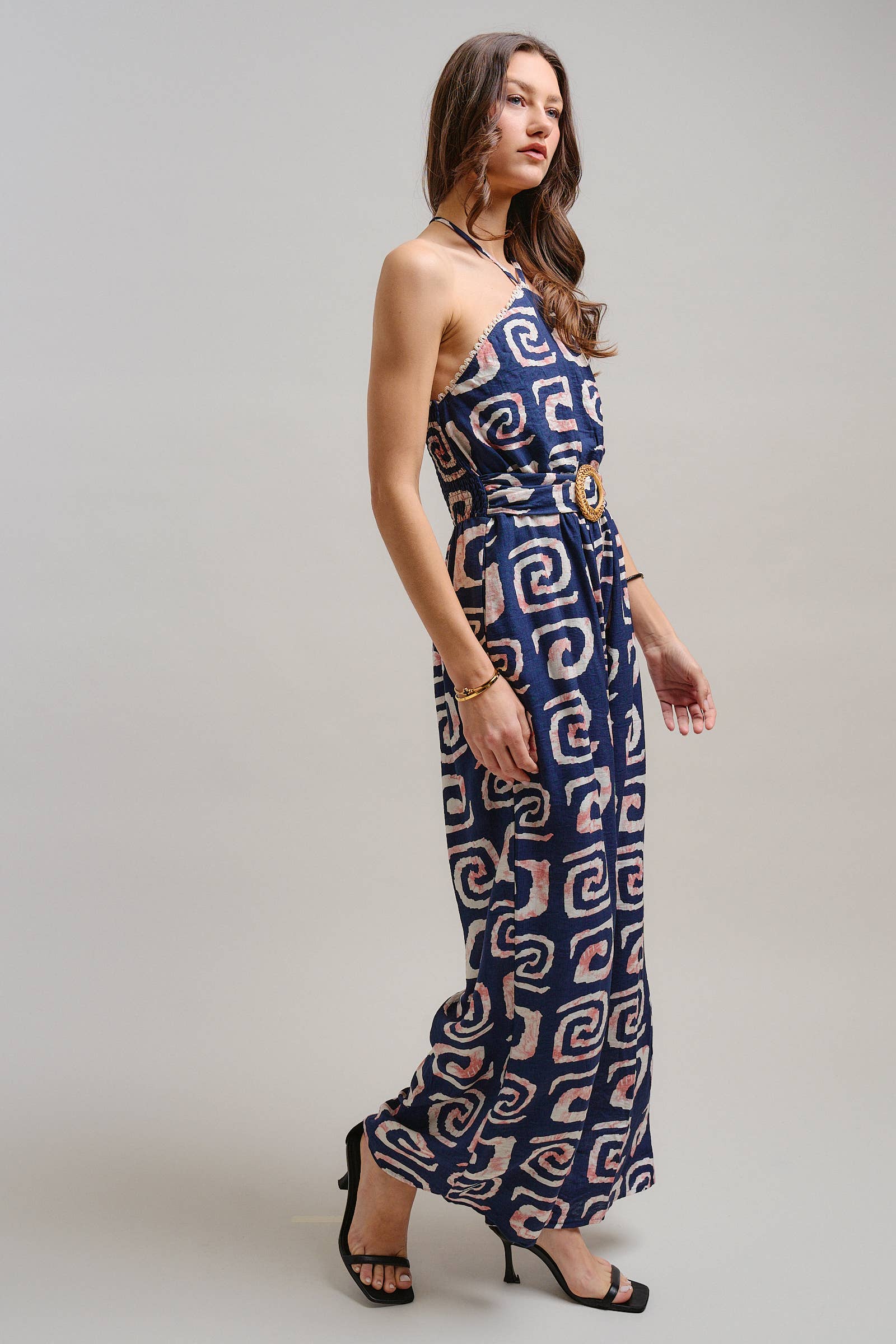 Urban Daizy Geometric Print Halter Belted Wide Leg Jumpsuit Blush Jumpsuit - Women's (TNJU0181-Blush) – alternate view 5