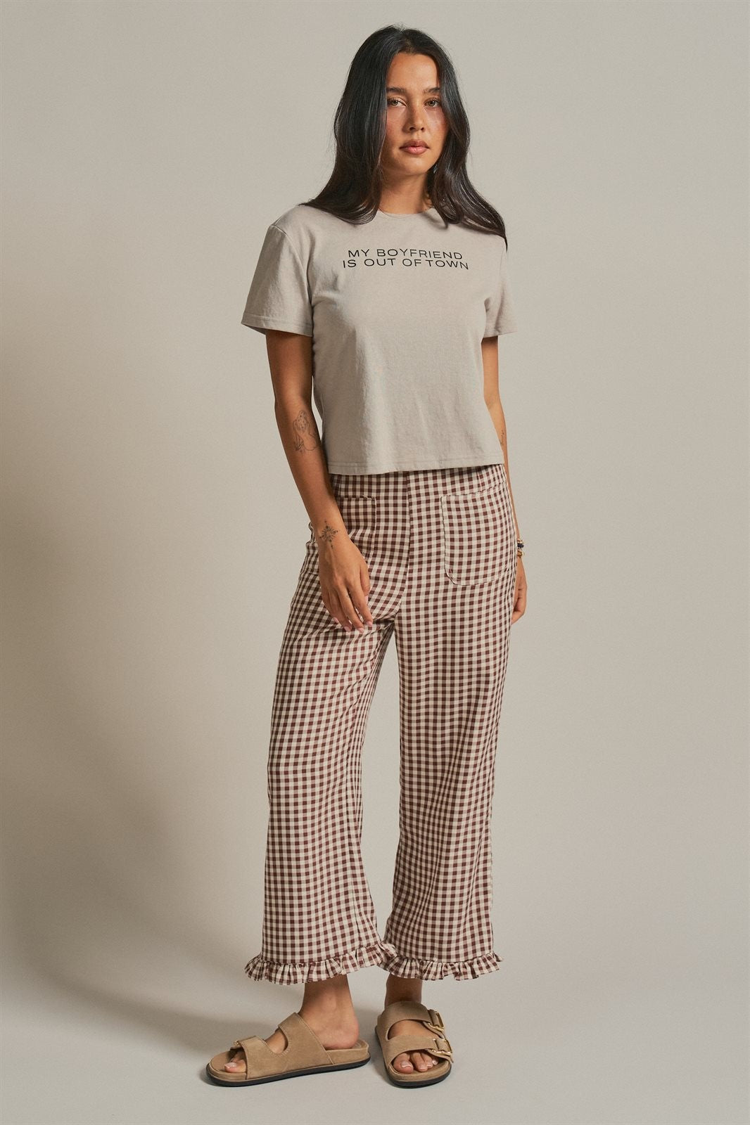 Gingham Ruffle Hem Cropped Wide Leg Pants in Brown in BROWN - Women's Casual Pants | Urban Daizy