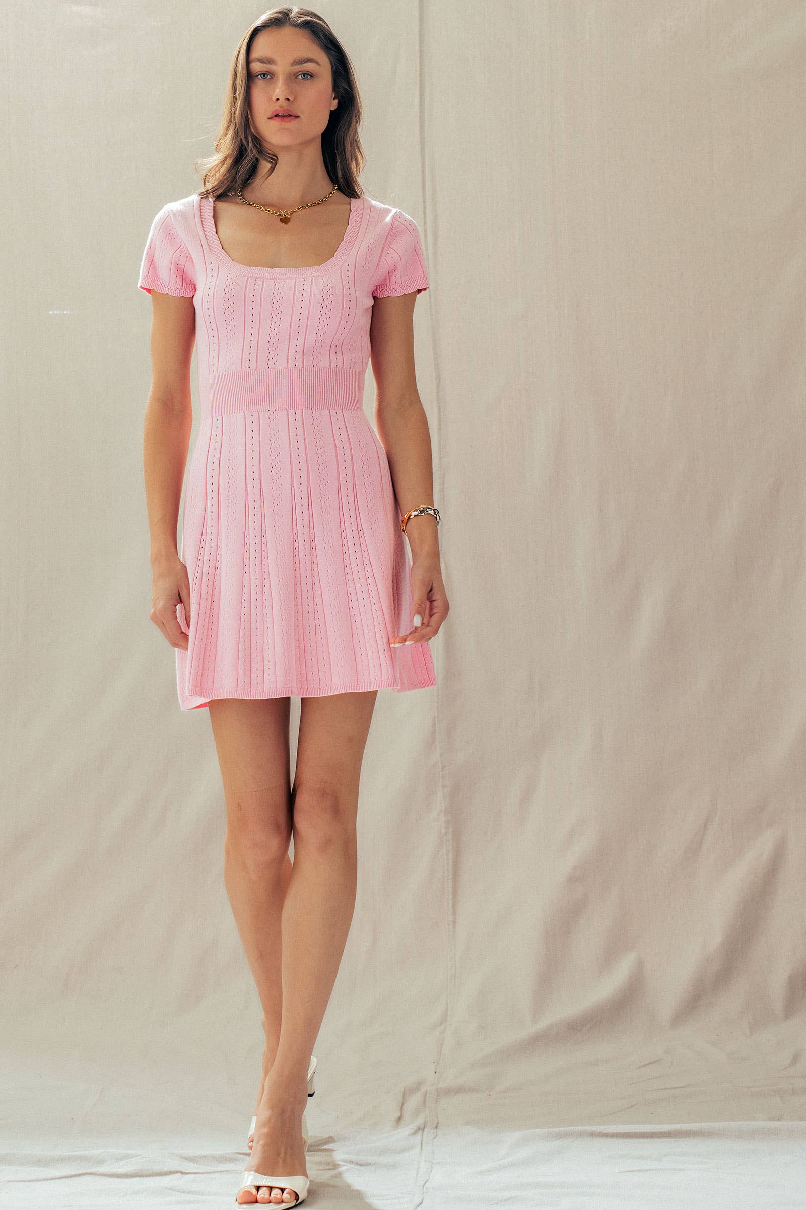 Pointelle Knit Square Neck Mini Dress