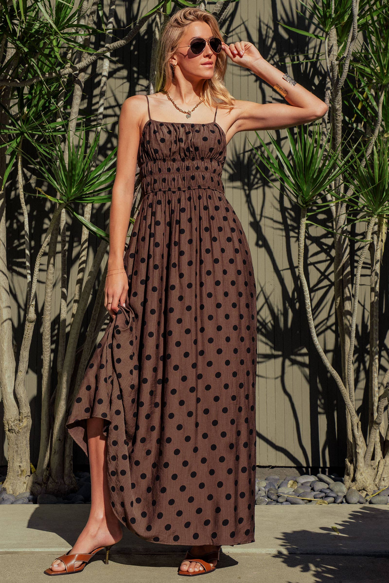 Urban Daizy Polka Dot Smocked Maxi Dress Linen Blend Brown/Black Dress - Women's (UDZ-DR-00515) – alternate view 13