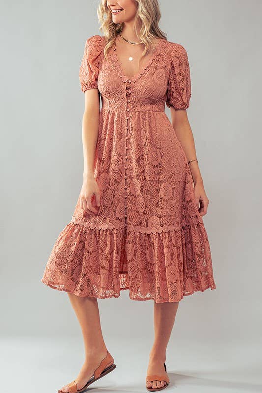 Scalloped Lace Button Front Midi Dress