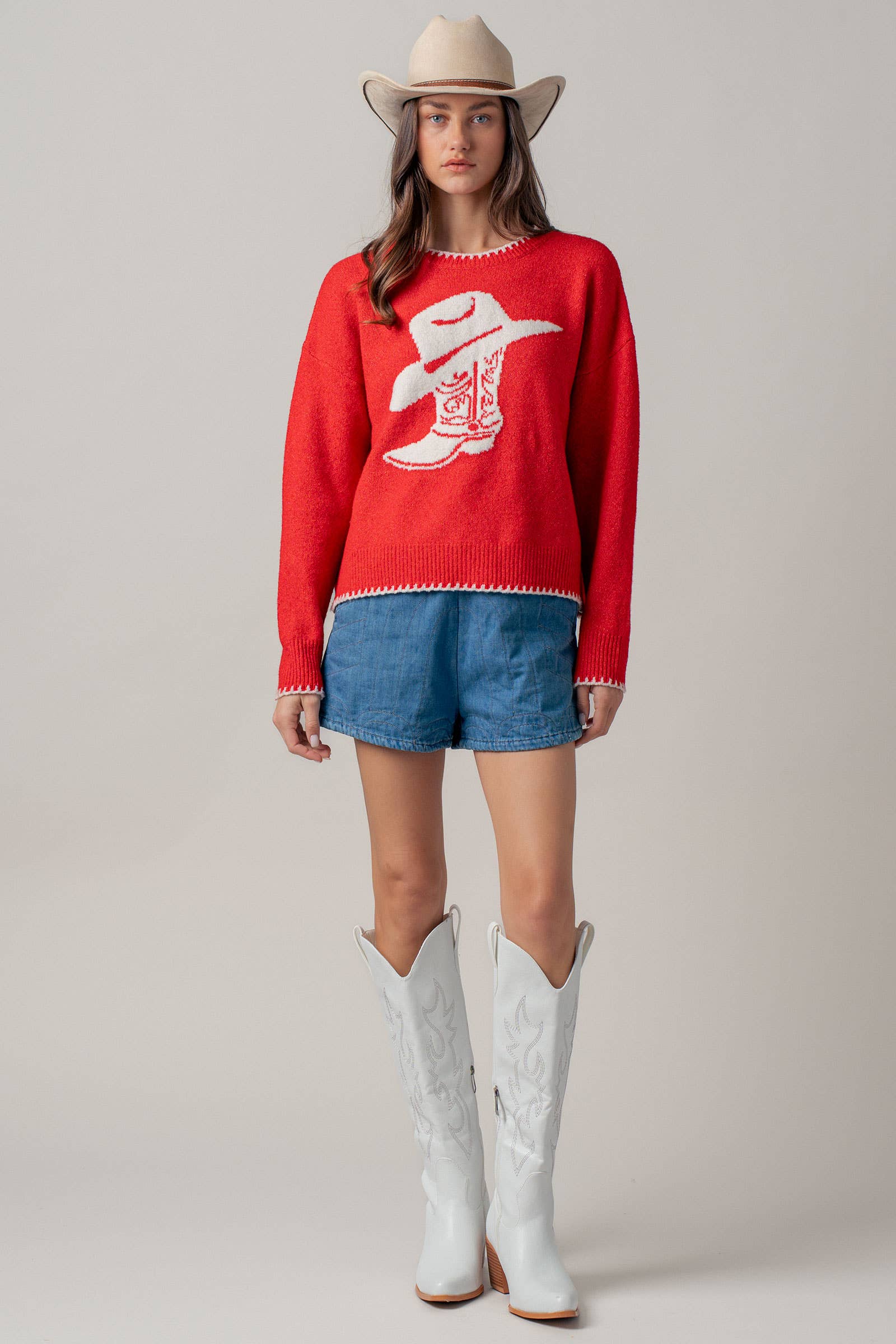 Urban Daizy Cowboy Boot Graphic Knit Sweater Red Knit Sweater - Women's (UDZ-KN-01040) – alternate view 6