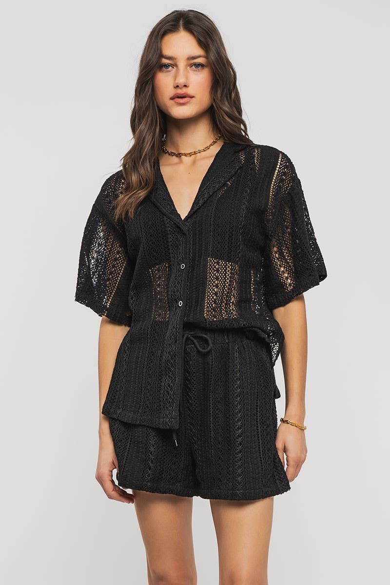 Urban Daizy Open Knit Button-Down Oversized Shirt Black Button Down Shirt - Women's (UDZ-TP-00111) – alternate view 14