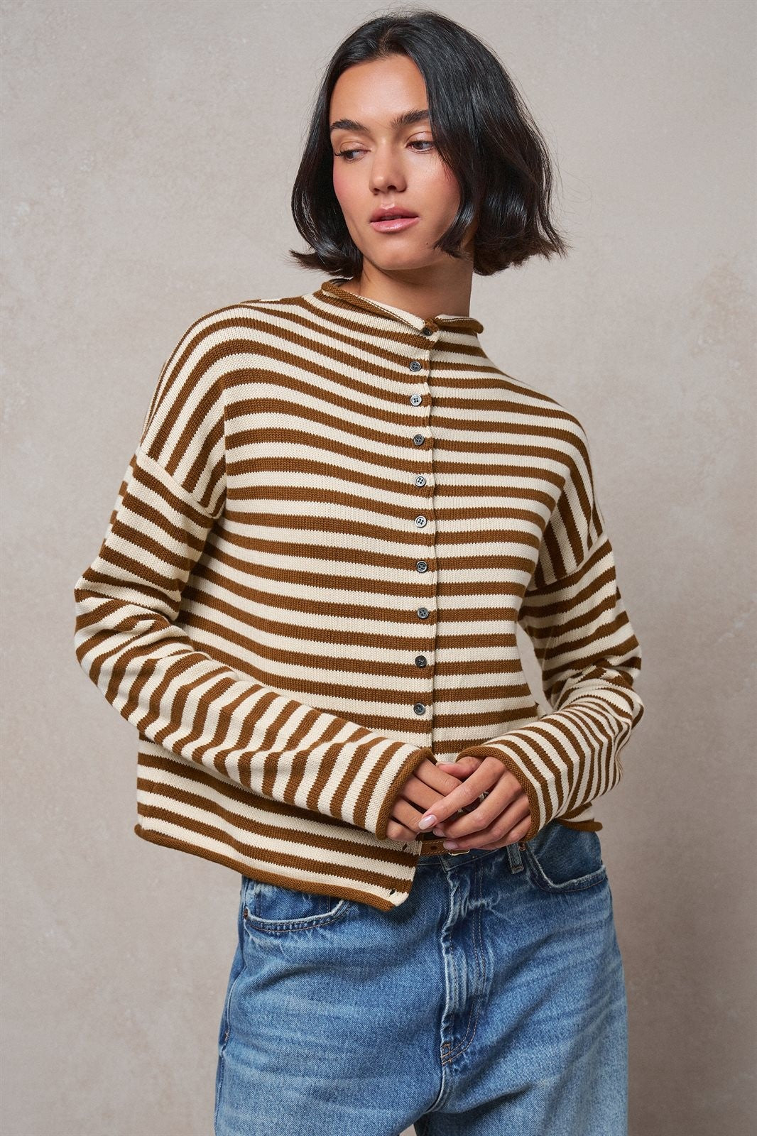 Striped Polo Collar Button Sweater with Rolled Edges in IVORY BROWN - Women's Cardigans & Shrugs | Urban Daizy