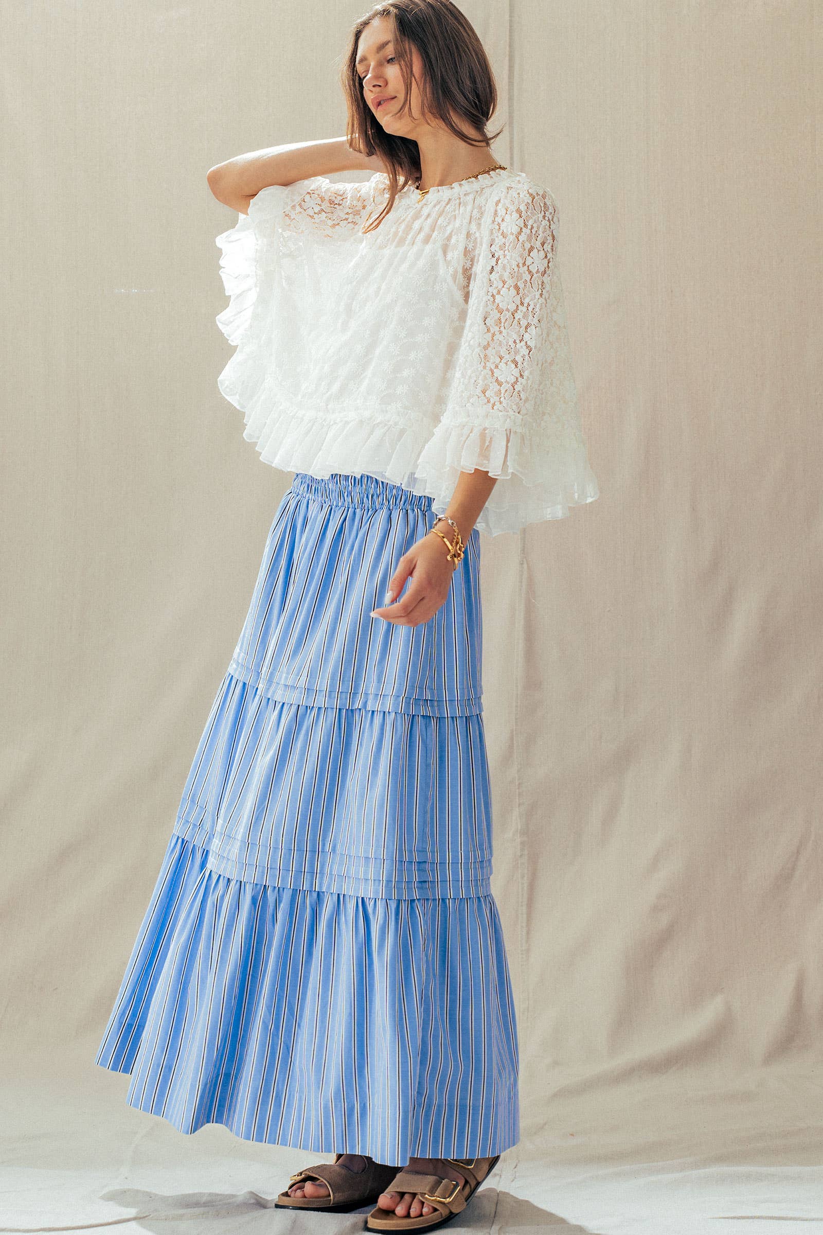 Striped Cotton Tiered Smocked Maxi Skirt
