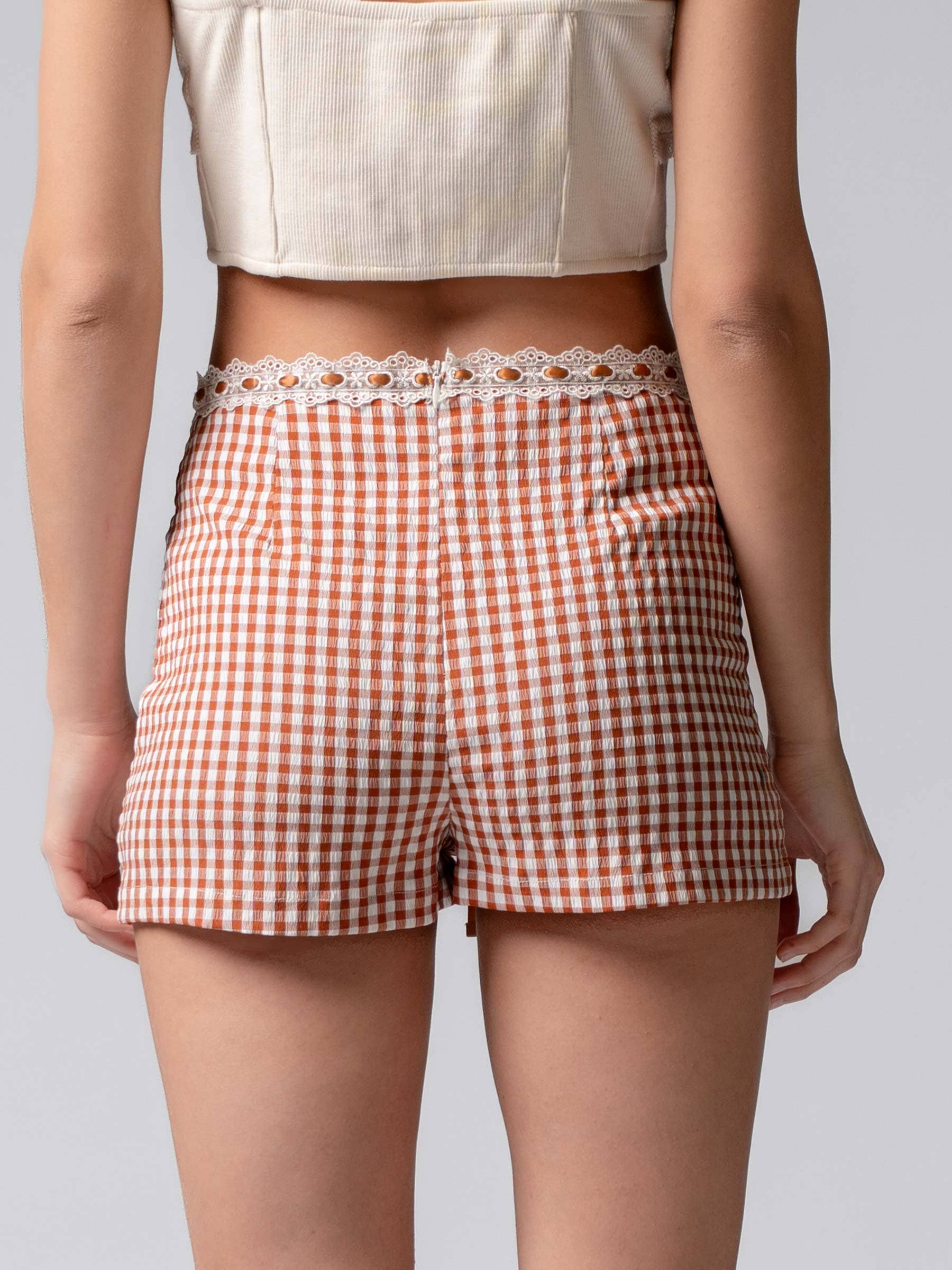 Urban Daizy Gingham Scallop Trim Shorts Brown Shorts - Women's (UDZ-PT-00474) – alternate view 9