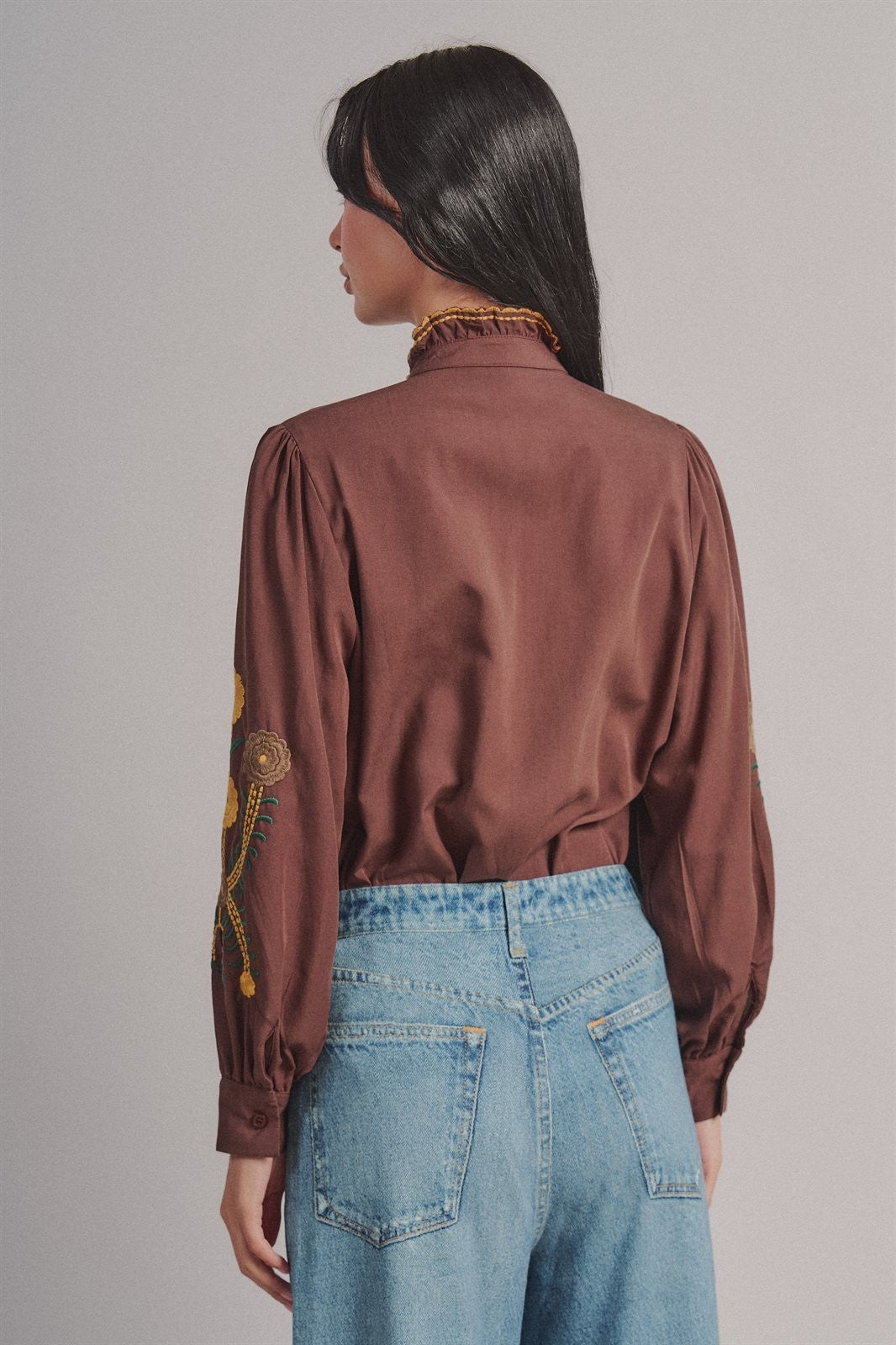 Embroidered Ruffle Neck Blouse in Western Folk Style in BROWN - Women's Shirts & Blouses | Urban Daizy