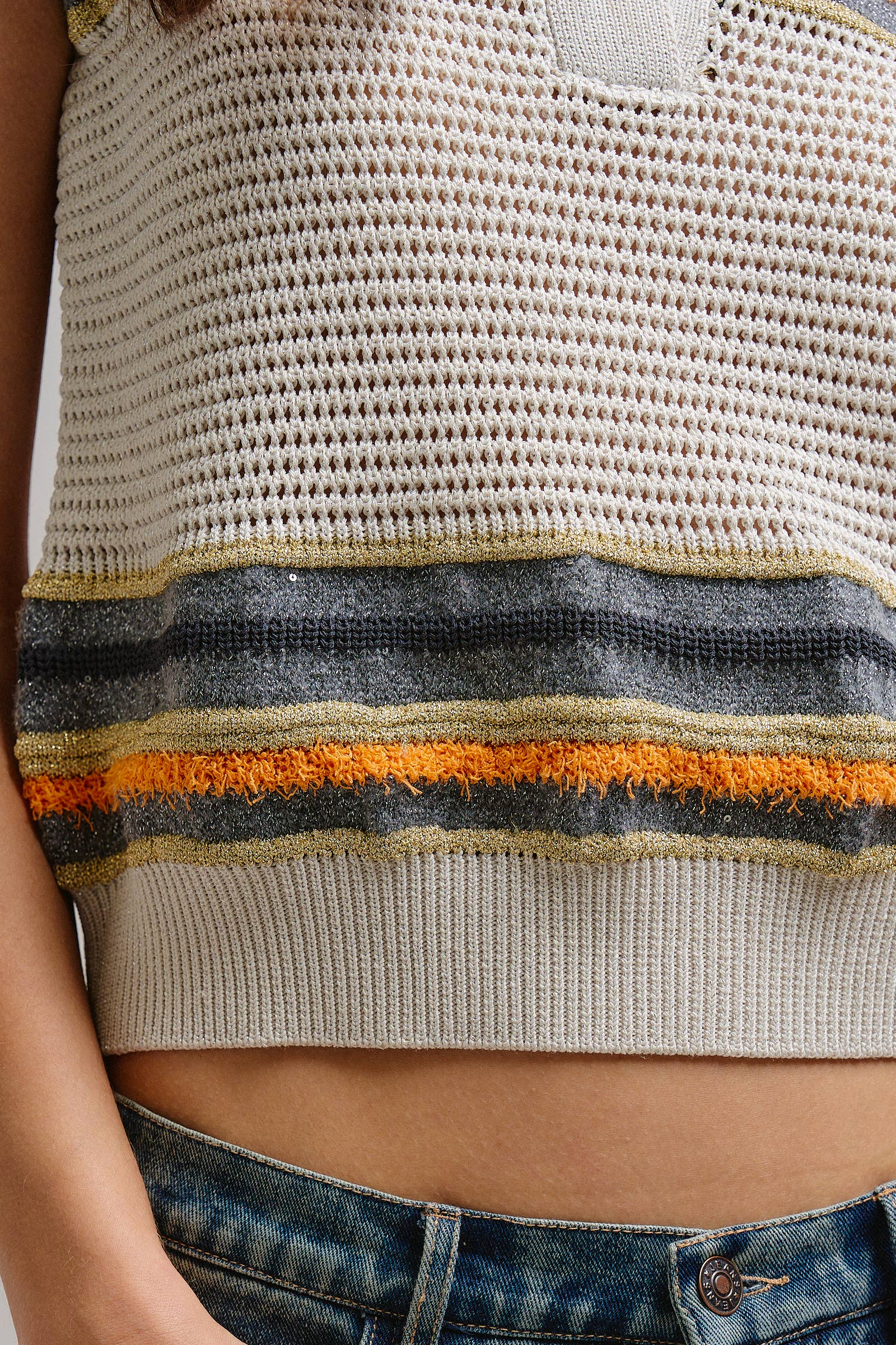 Retro Striped Metallic Knit Sleeveless Polo