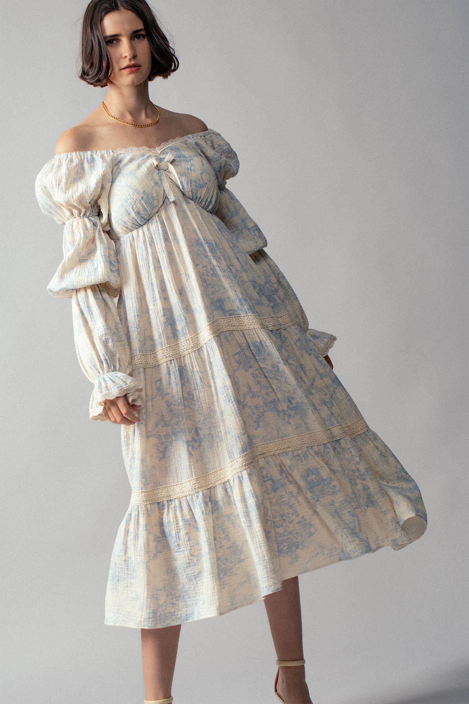 Urban Daizy Off-Shoulder Tiered Puff Sleeve Midi Dress Blue Dress - Women's (UDDR0211-Blue) – alternate view 13