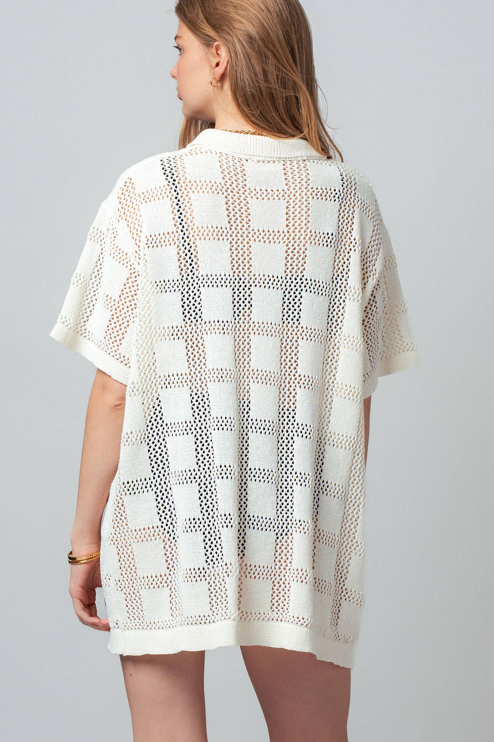 Open-Knit Collared Button-Front Tunic