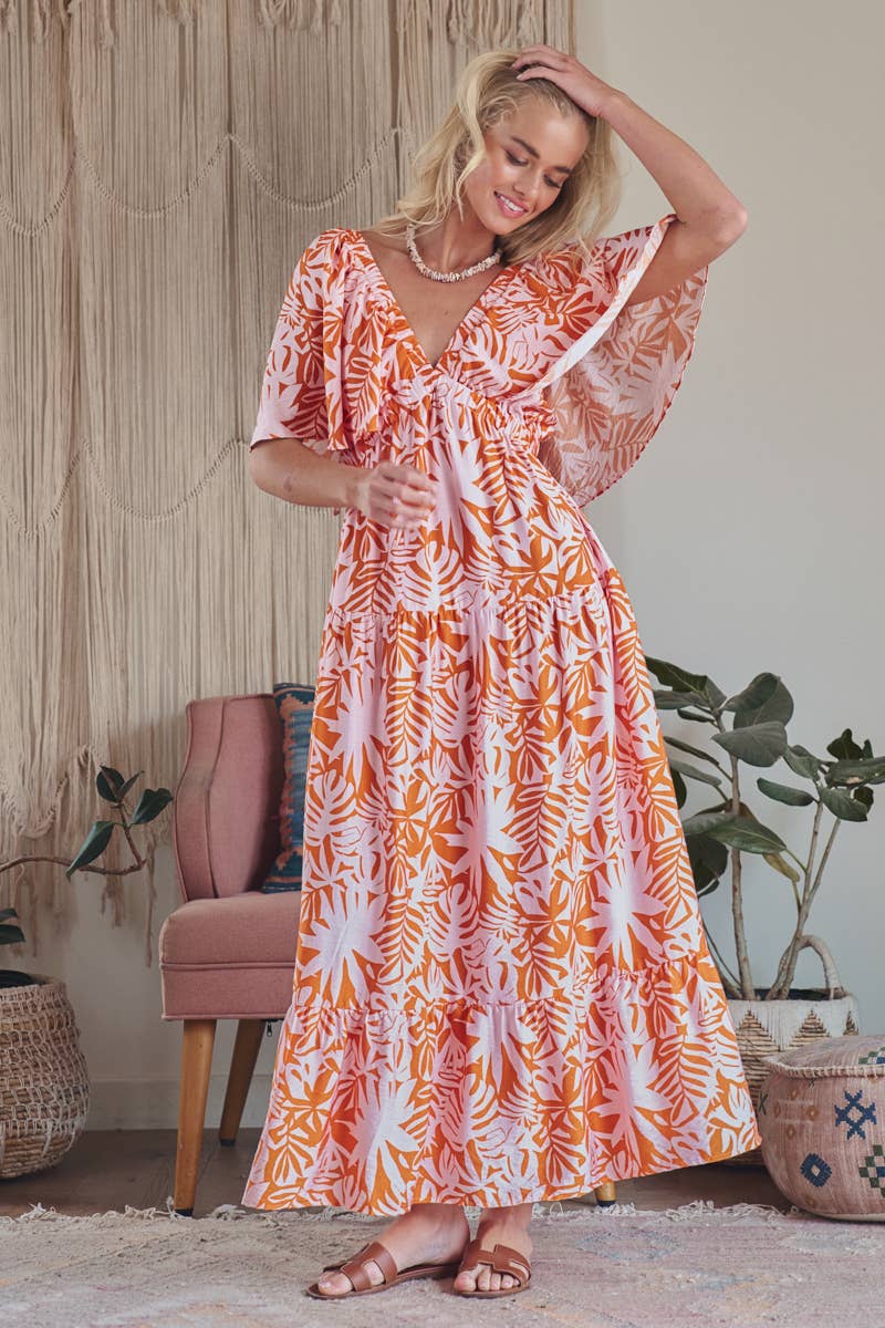 Tropical Leaf Print Maxi Dress