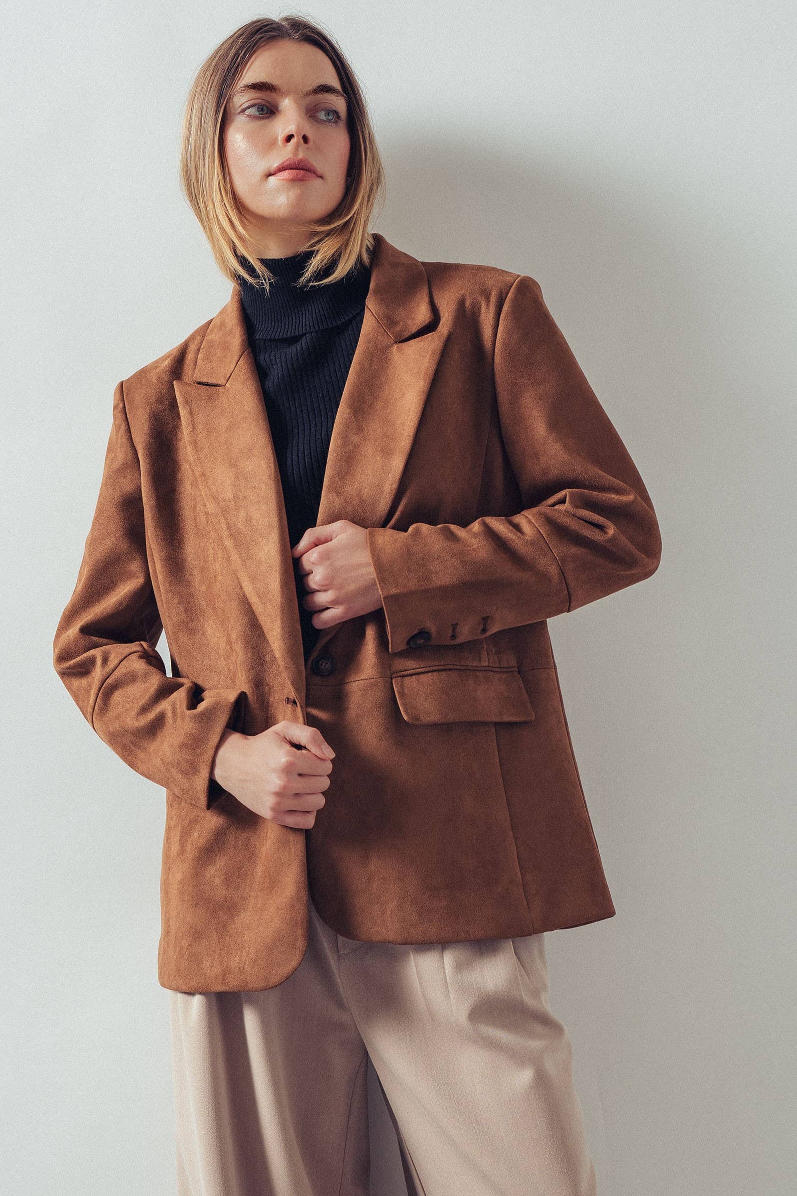 Relaxed Fit Notched Lapel Faux Suede Blazer