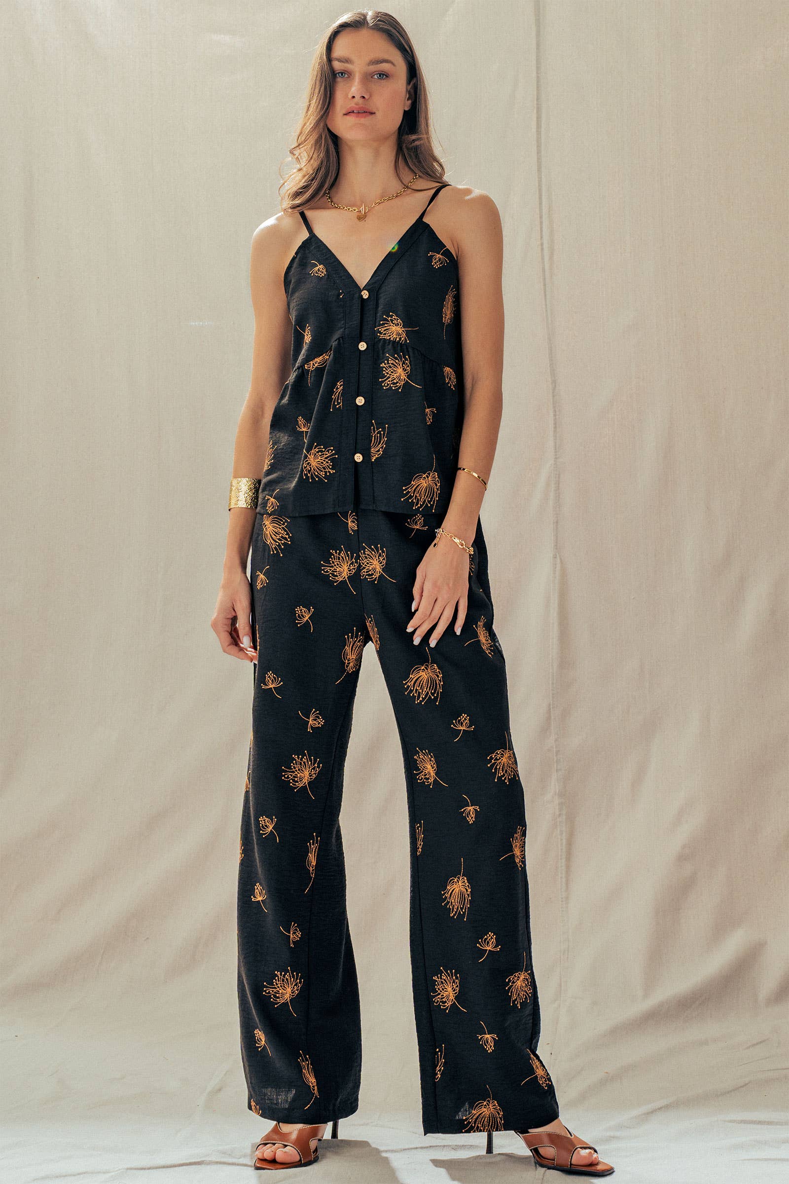 Floral Print Wide-Leg Linen Blend Pants