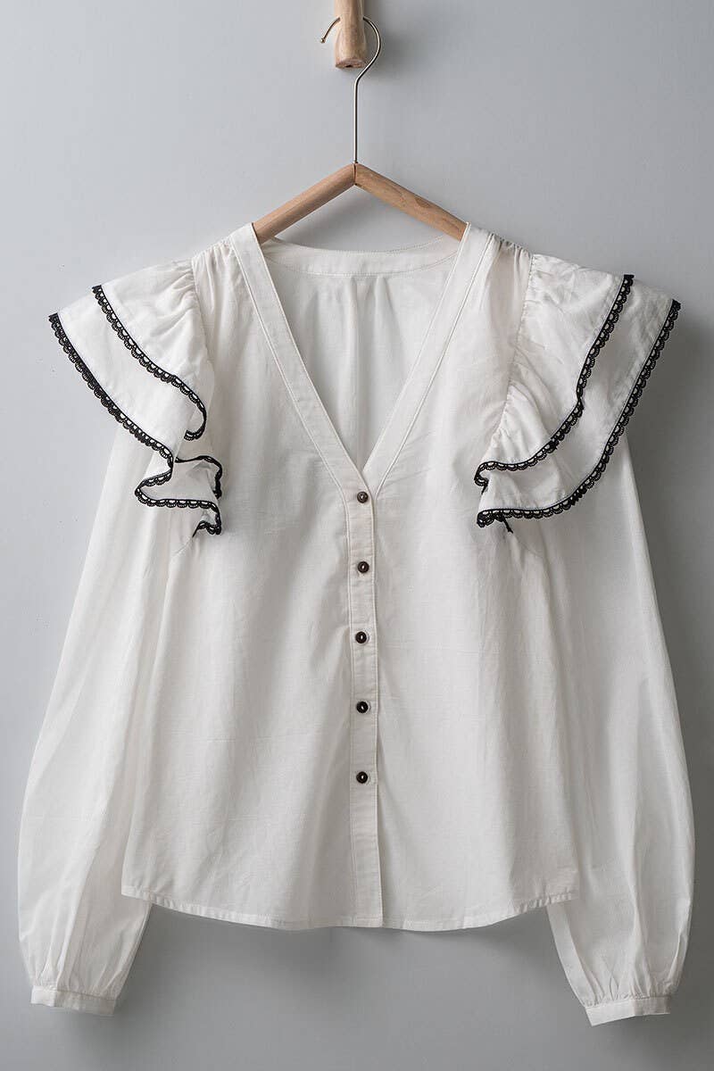 Urban Daizy Ruffled Shoulder V Neck Button Down Blouse White Black Blouse - Women's (UDZ-TP-00746) – alternate view 21