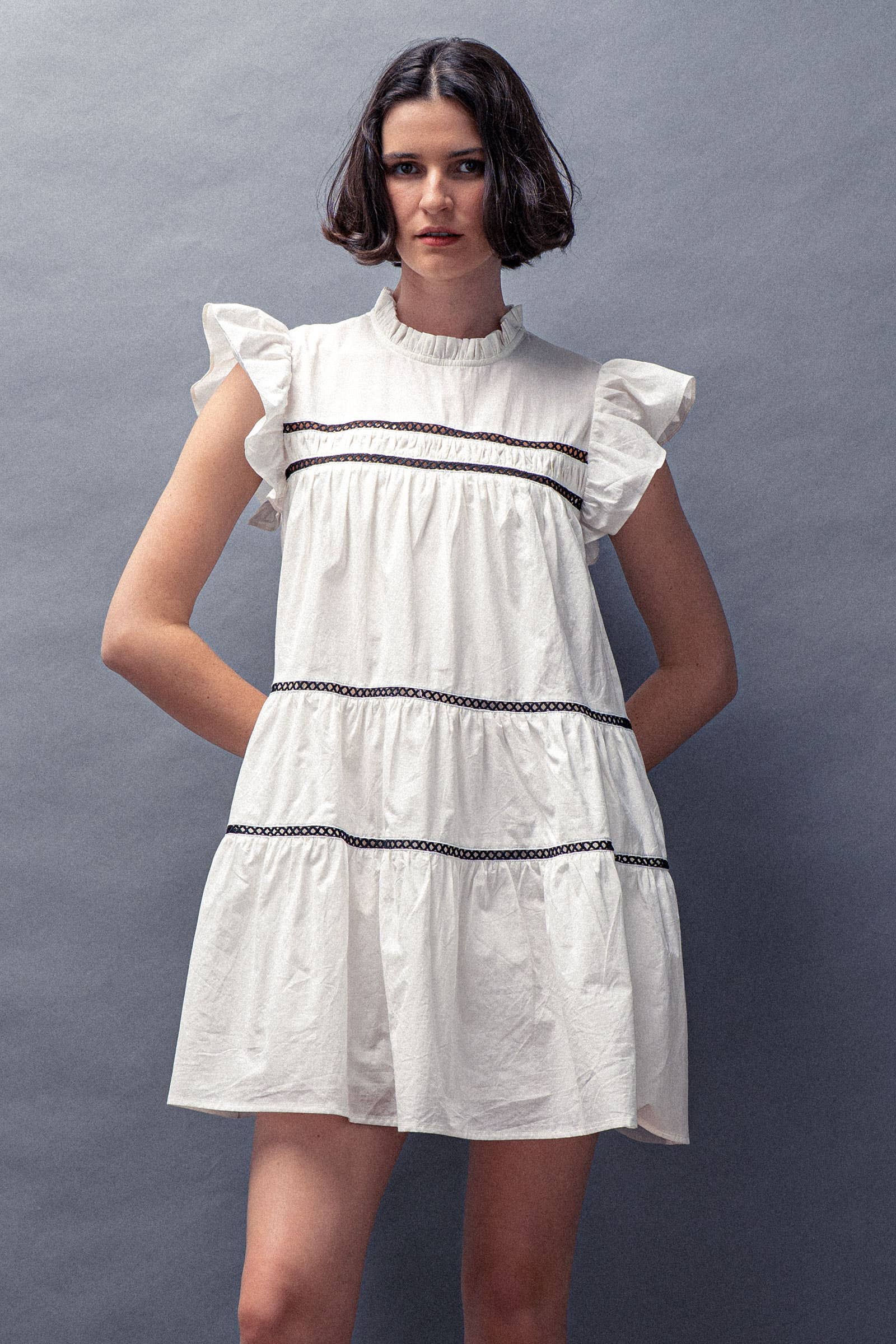 Urban Daizy Lace Trim Ruffle Sleeve Tiered Spring Mini Dress Black Dress - Women's (UDZ-DR-00204) – alternate view 5