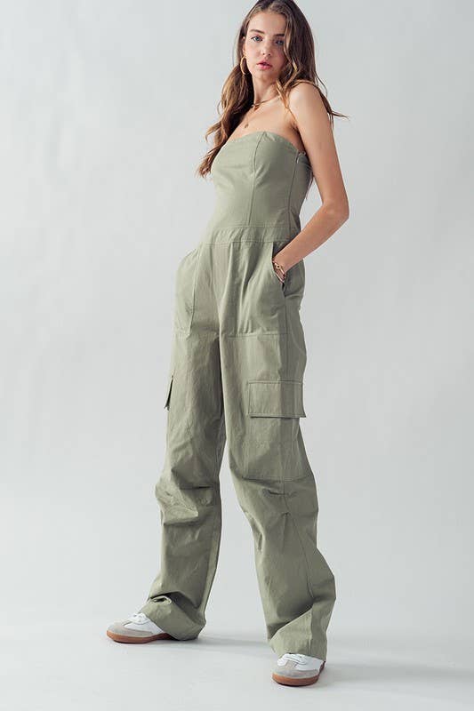 Urban Daizy Strapless Wide Leg Cargo Pocket Artisanal Jumpsuit Moss Jumpsuit - Women's (UDZ-JR-00002) – alternate view 3