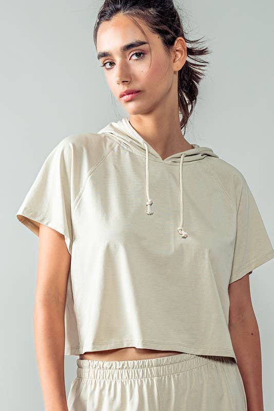 Urban Daizy Cropped Short Sleeve Drawstring Hooded Pullover Top Black Hoodie - Women's (UDZ-KN-00341) – alternate view 2