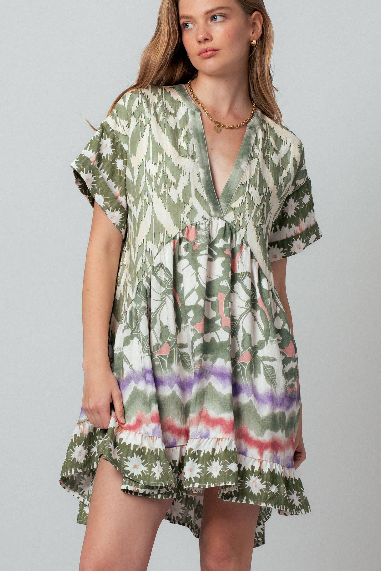 Urban Daizy Boho Mixed Print V-Neck Mini Dress Green-Multi Dress - Women's (UDZ-DR-00479) – alternate view 10