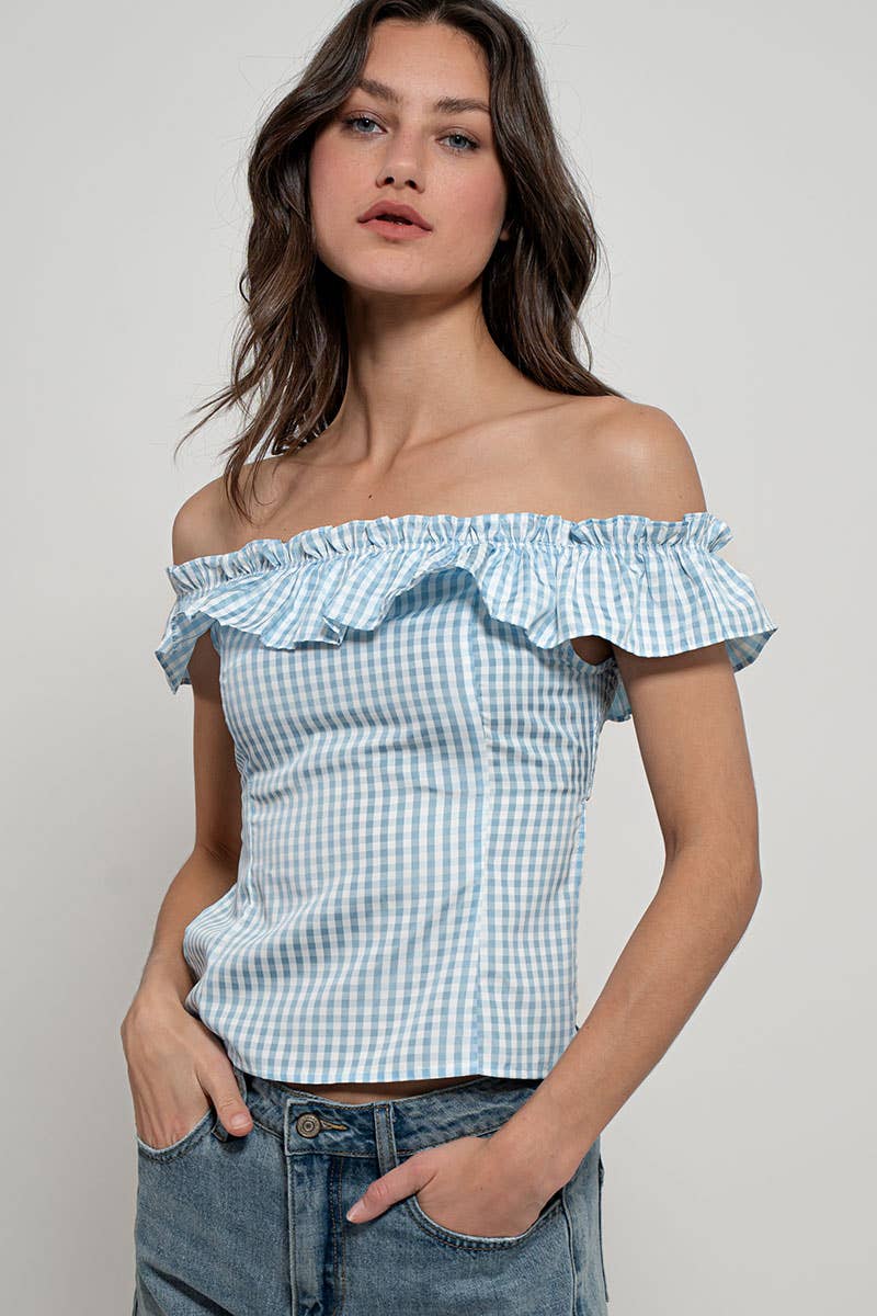 Urban Daizy Gingham Ruffle Off-Shoulder Crop Top Pink Blouse - Women's (UDZ-TP-01034) – alternate view 25