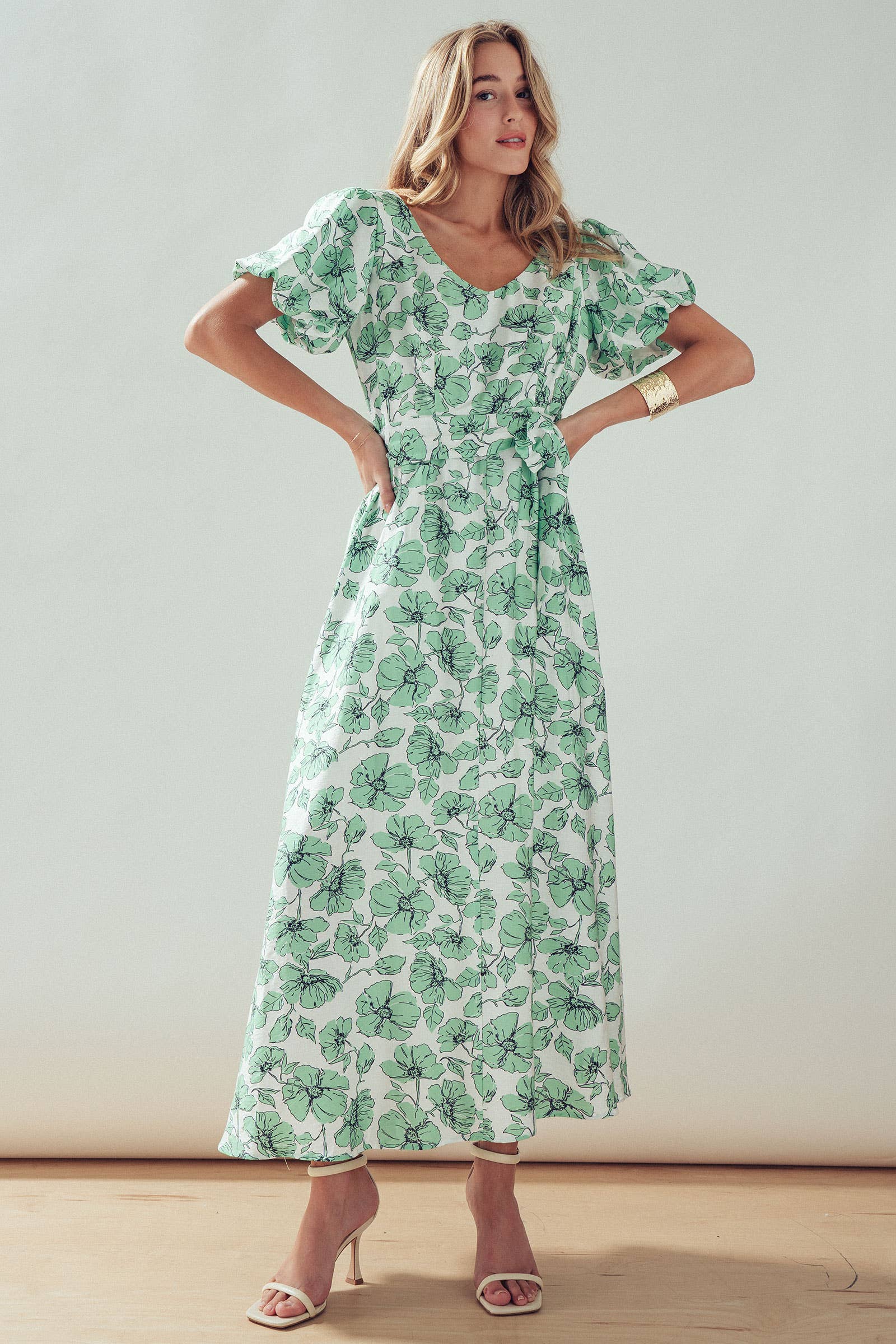 Green Floral Puff Sleeve Midi Dress