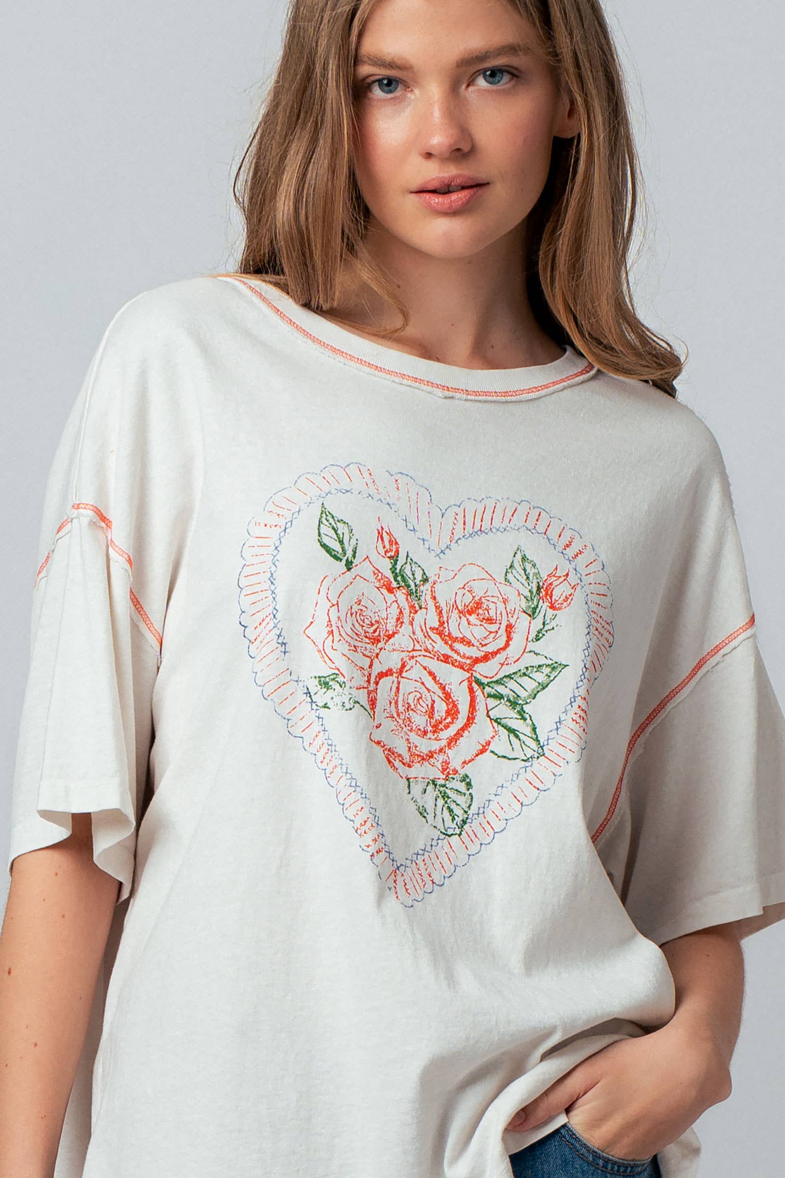 Vintage Rose Heart Floral Oversized Graphic Tee
