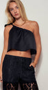 Urban Daizy One Off Shoulder Tie Linen Crop Top Black Blouse - Women's (UDZ-TP-00500) – alternate view 3