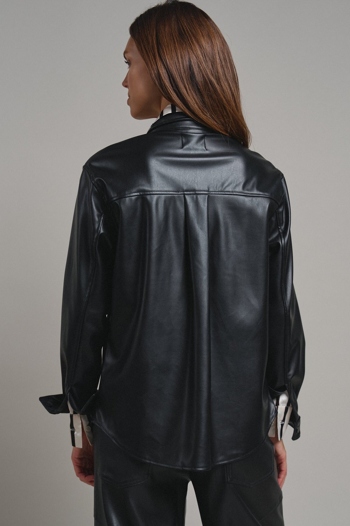 Faux Leather Pocket Shirt with Snap Closure