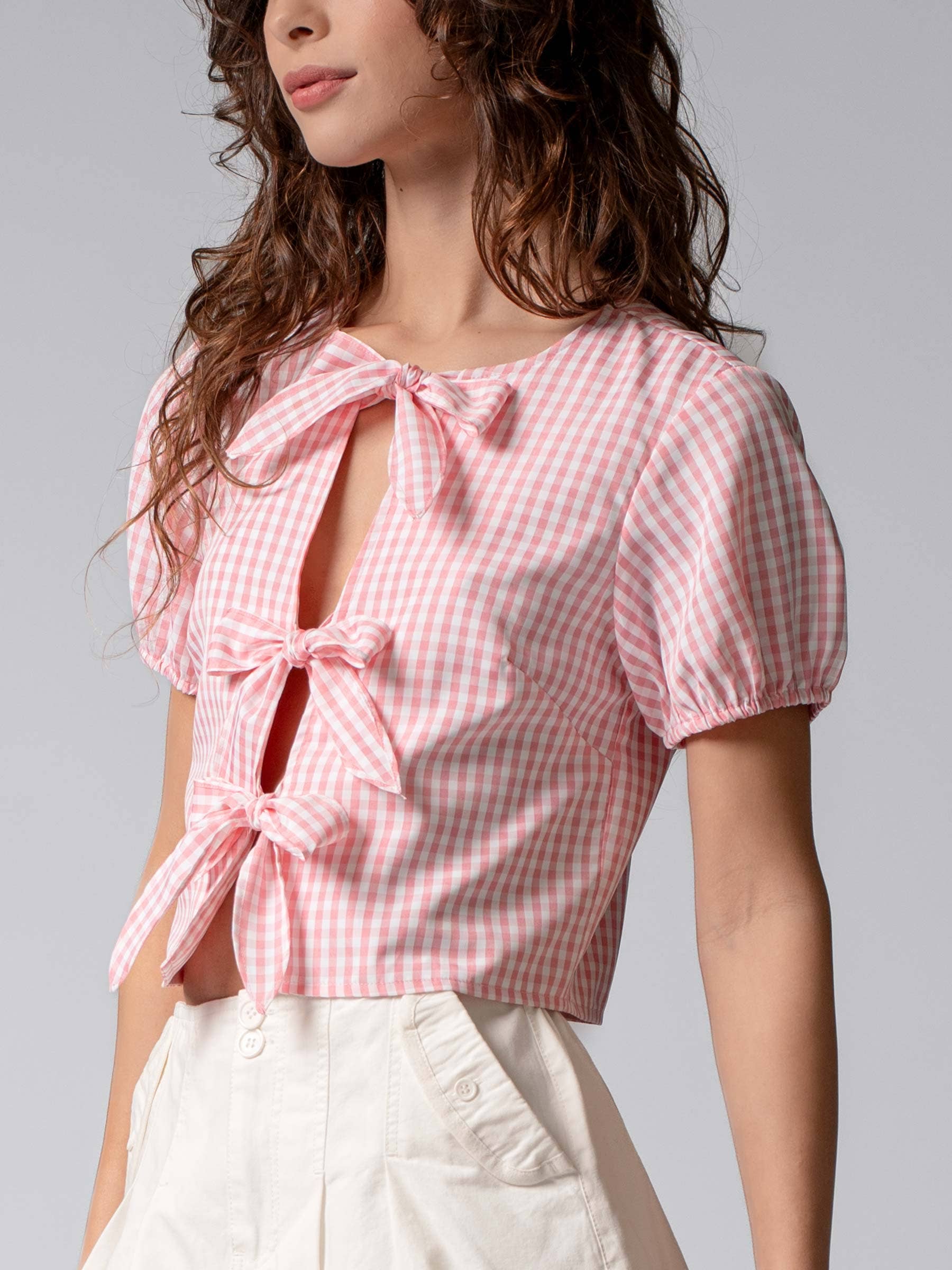 Urban Daizy Gingham Triple Bow Puff Sleeve Crop Top Pink Blouse - Women's (UDZ-TP-01033) – alternate view 3