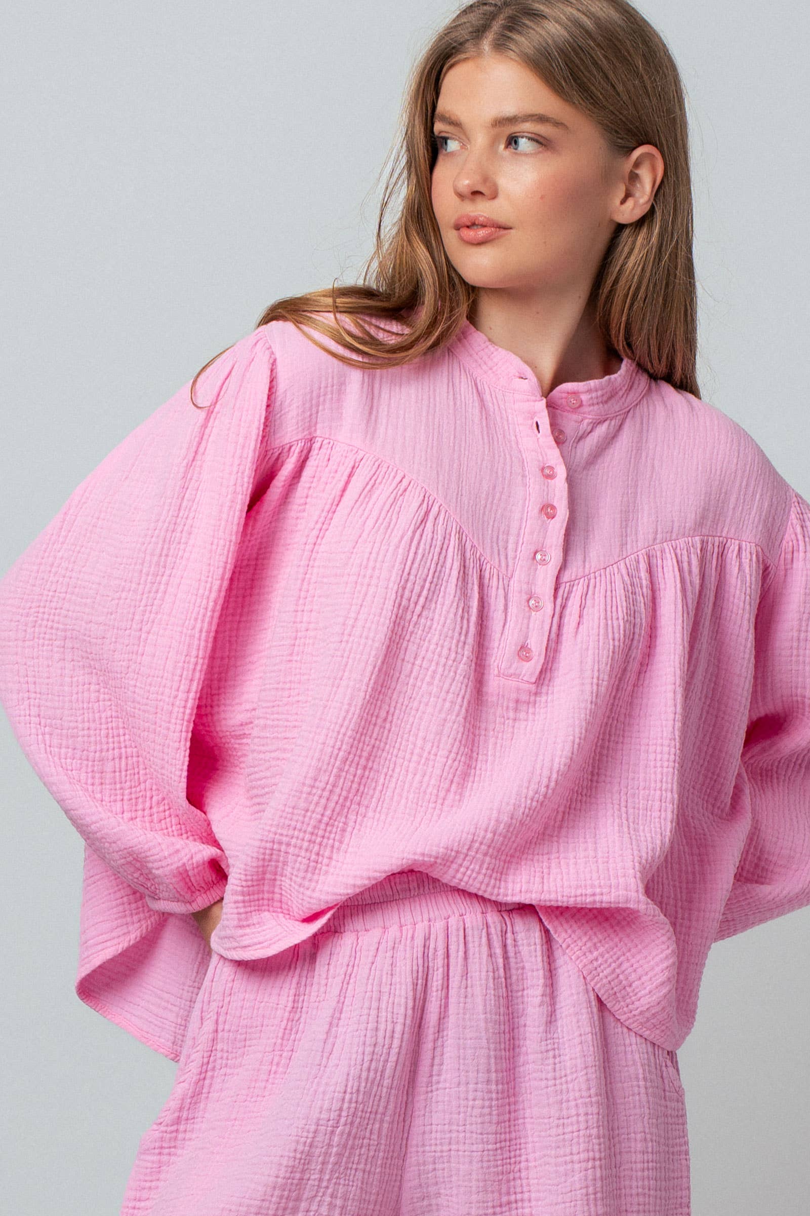 Garment Dyed Cotton Gauze Button Down Top And Shorts Set