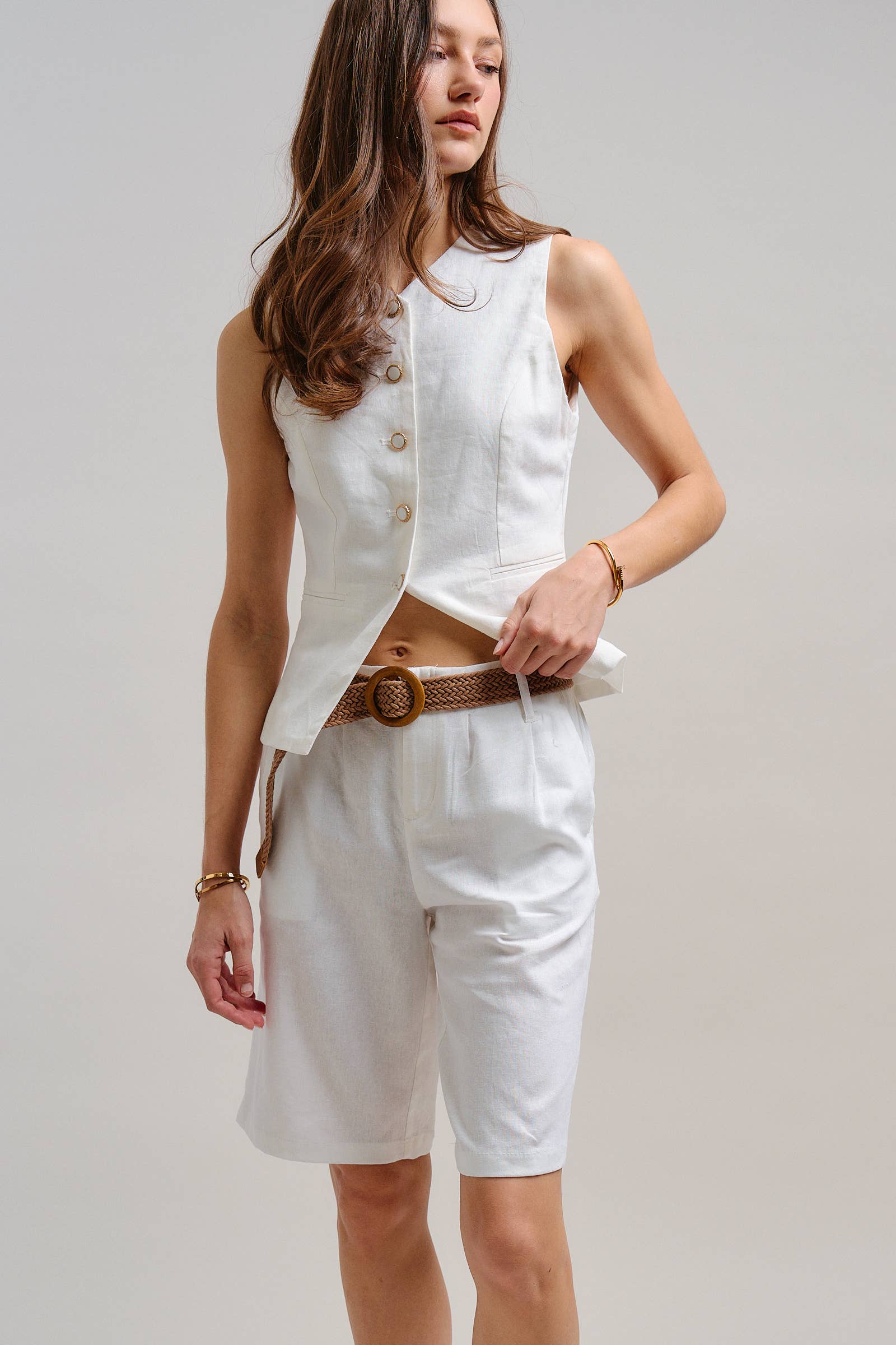 Linen Blend Belted Bermuda Shorts