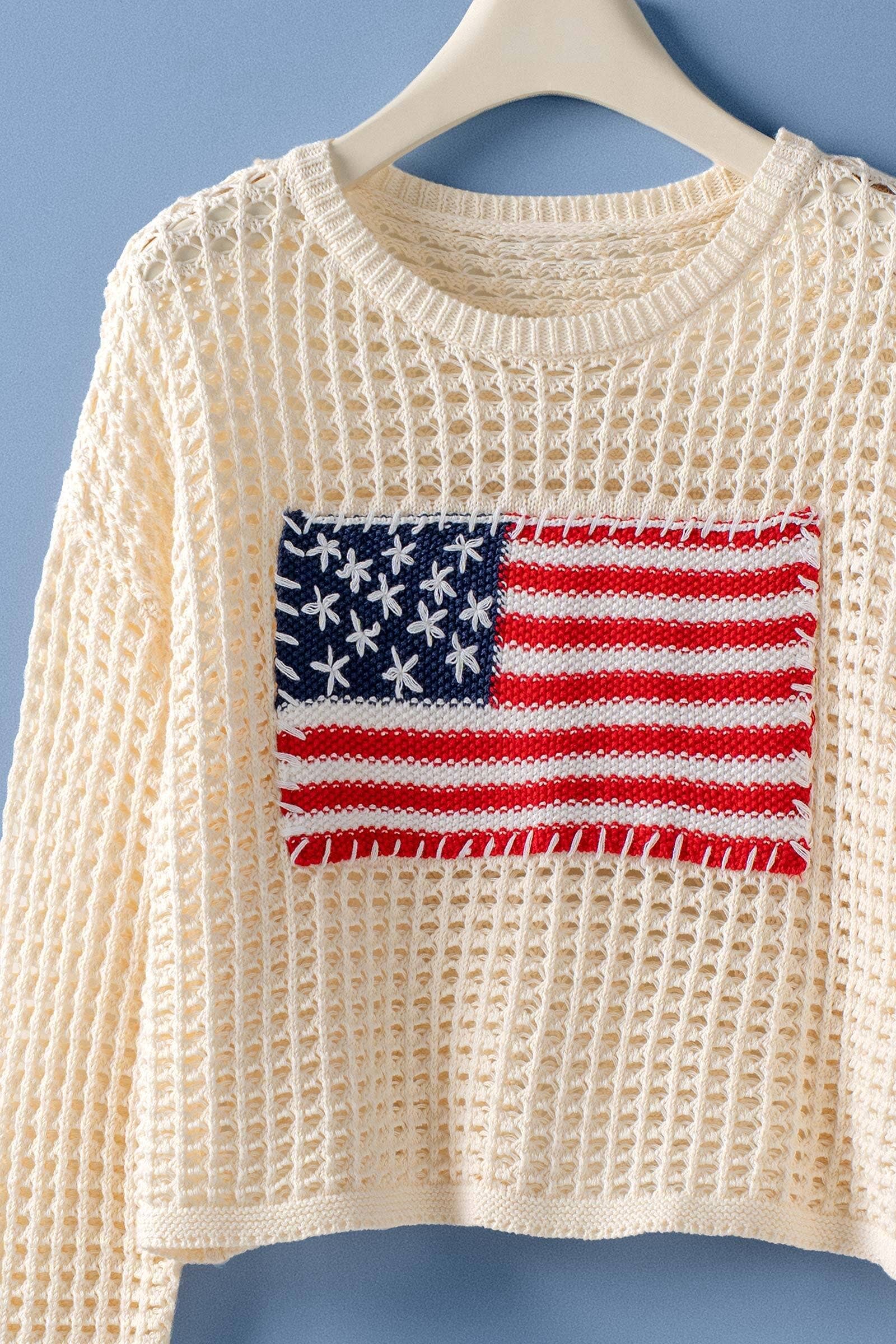 Urban Daizy American Flag Patch Open Knit Cotton Sweater Ivory Knit Sweater - Women's (TNSW1129) – alternate view 5